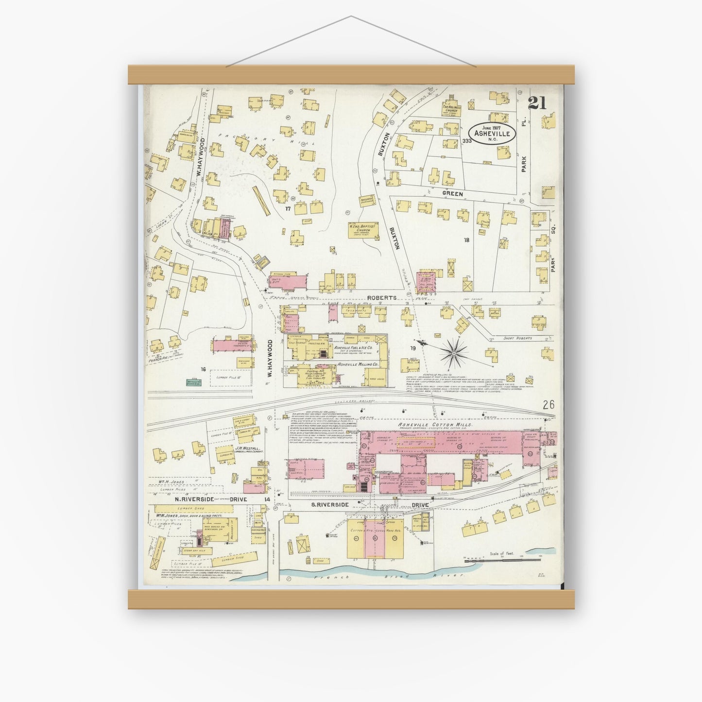 Old map wall art mockup — magnetic wood frame on white wall — Sanborn Fire Insurance Map from Asheville, Buncombe County, North Carolina (1907), Sheet #0021