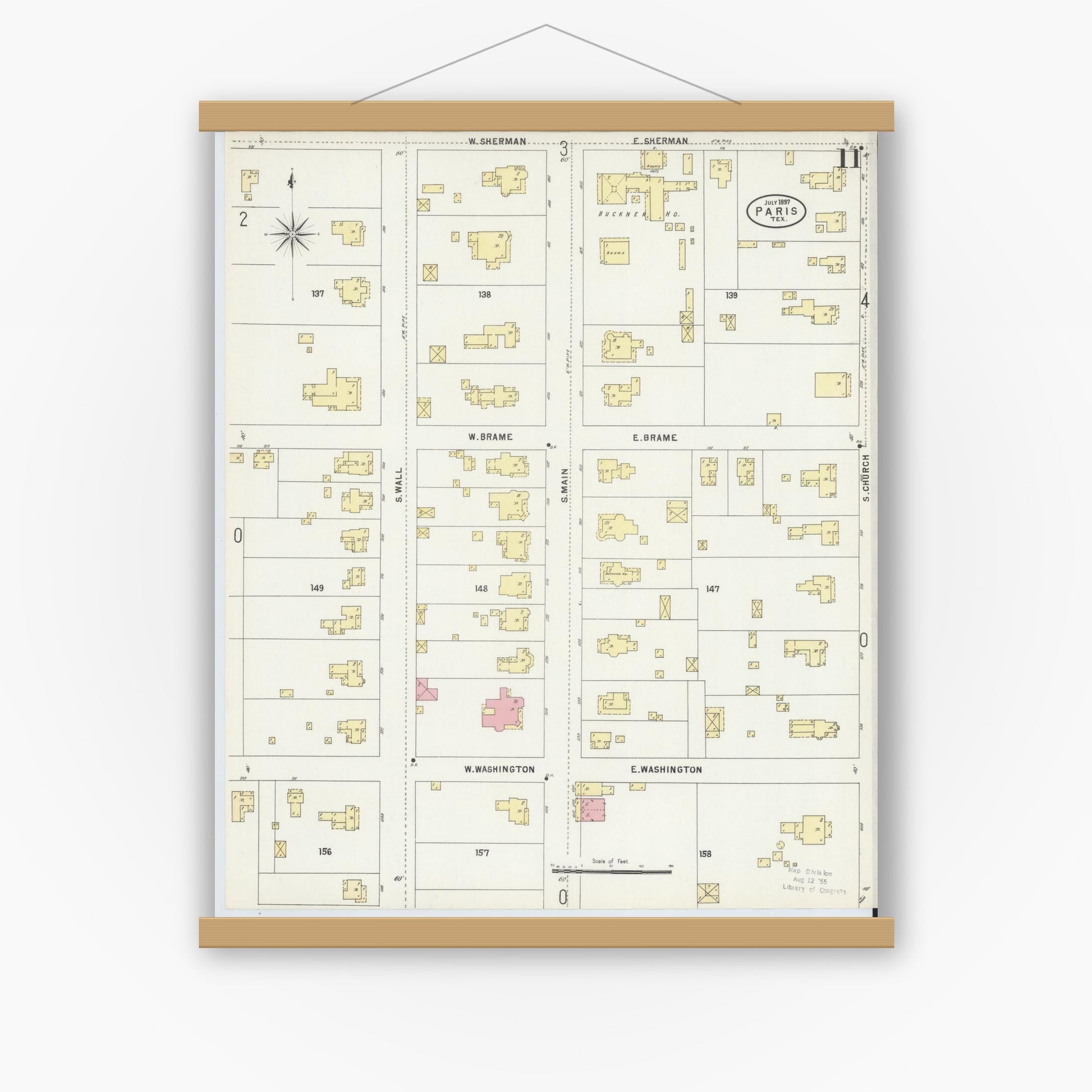 Old map wall art mockup — magnetic wood frame on white wall — Sanborn Fire Insurance Map from Paris, Lamar County, Texas (1897), Sheet #0011