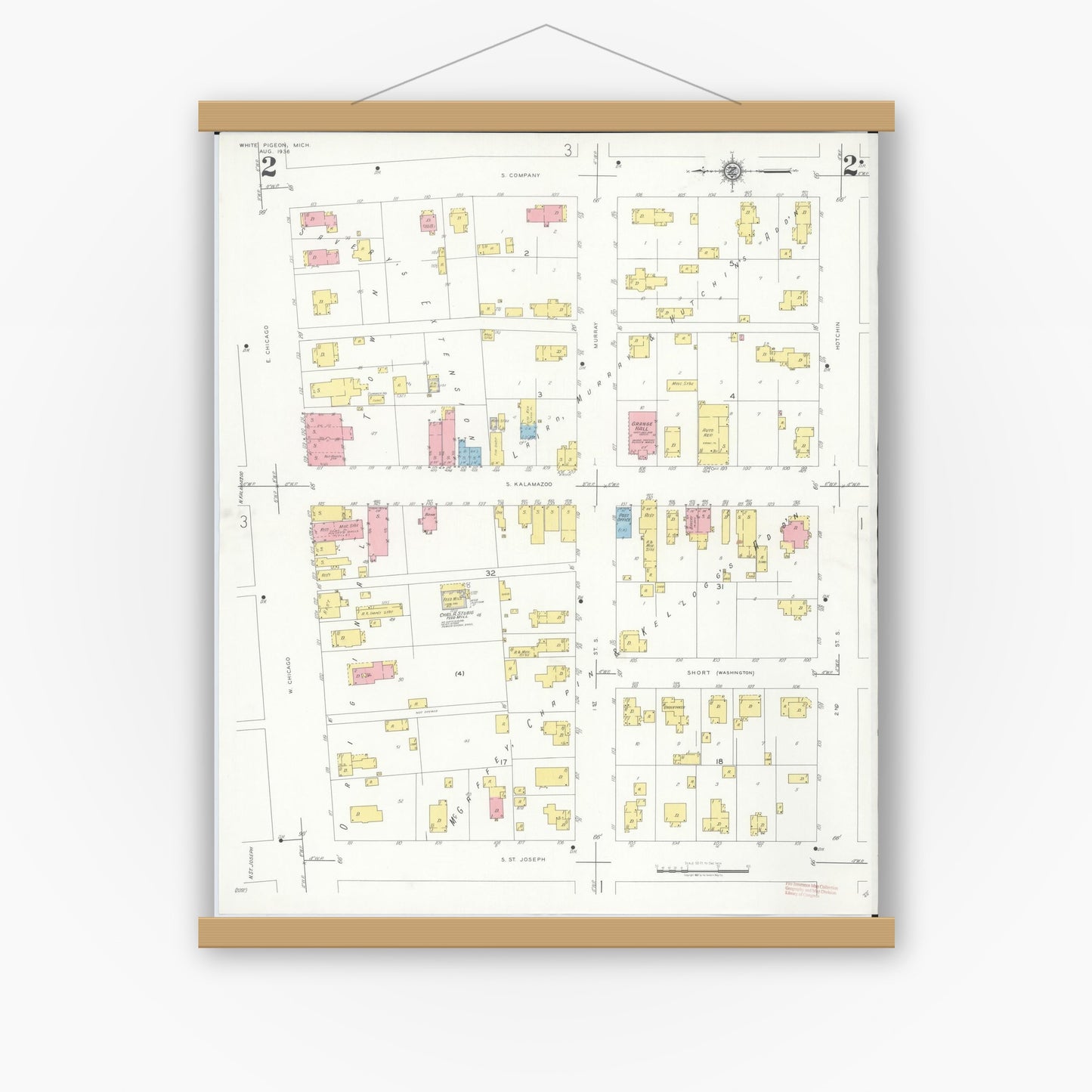 Old map wall art mockup — magnetic wood frame on white wall — Sanborn Fire Insurance Map from White Pigeon, Saint Joseph County, Michigan (1936), Sheet #0002