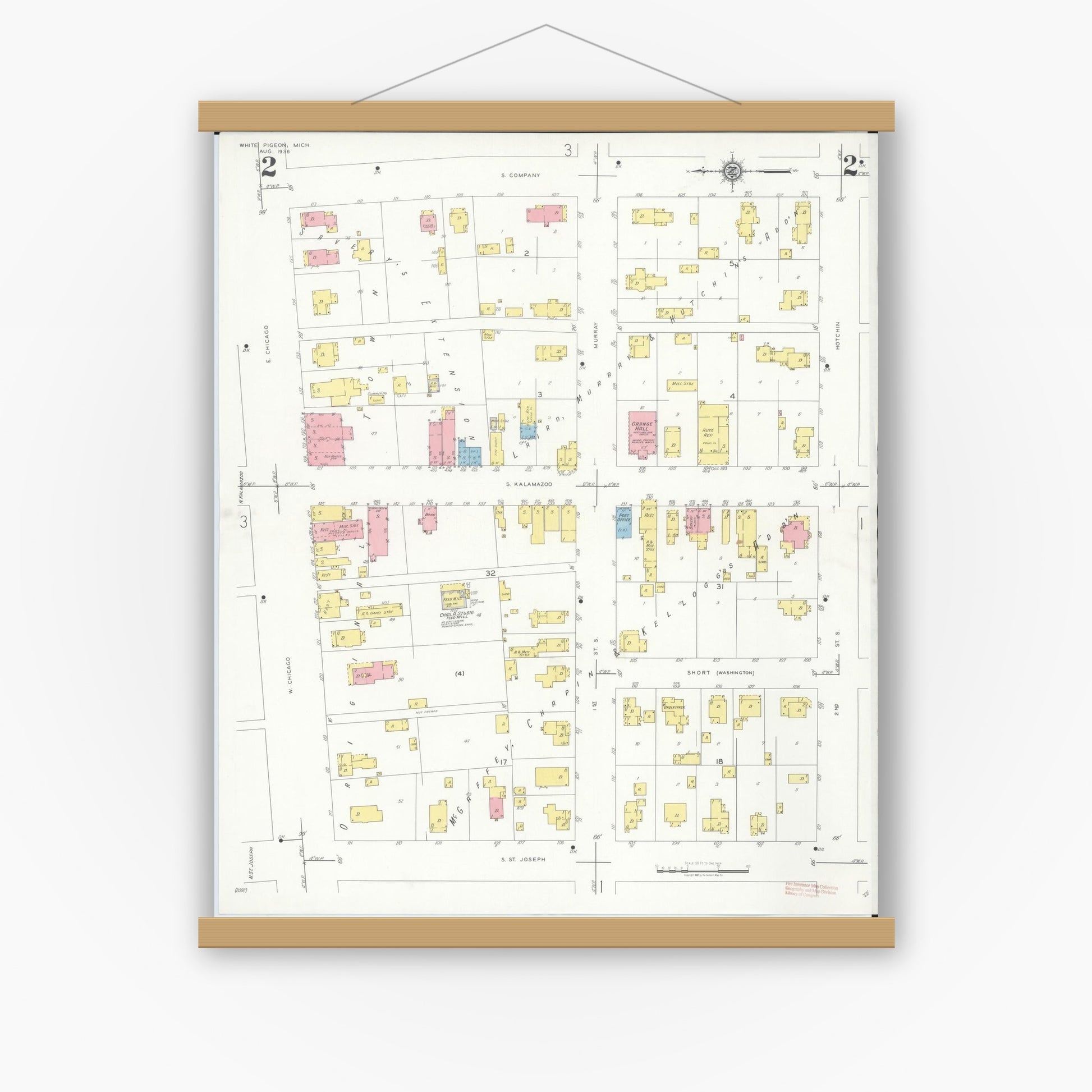 Old map wall art mockup — magnetic wood frame on white wall — Sanborn Fire Insurance Map from White Pigeon, Saint Joseph County, Michigan (1936), Sheet #0002