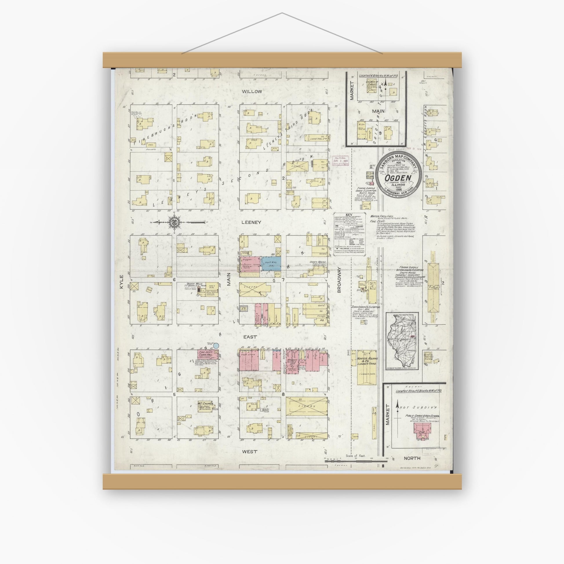 Old map wall art mockup — magnetic wood frame on white wall — Sanborn Fire Insurance Map from Ogden, Champaign County, Illinois (1914), Sheet #0001