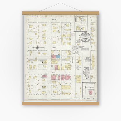 Old map wall art mockup — magnetic wood frame on white wall — Sanborn Fire Insurance Map from Ogden, Champaign County, Illinois (1914), Sheet #0001