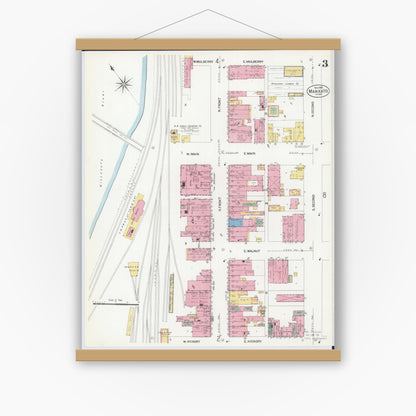 Old map wall art mockup — magnetic wood frame on white wall — Sanborn Fire Insurance Map from Mankato, Blue Earth County, Minnesota (1908), Sheet #0003