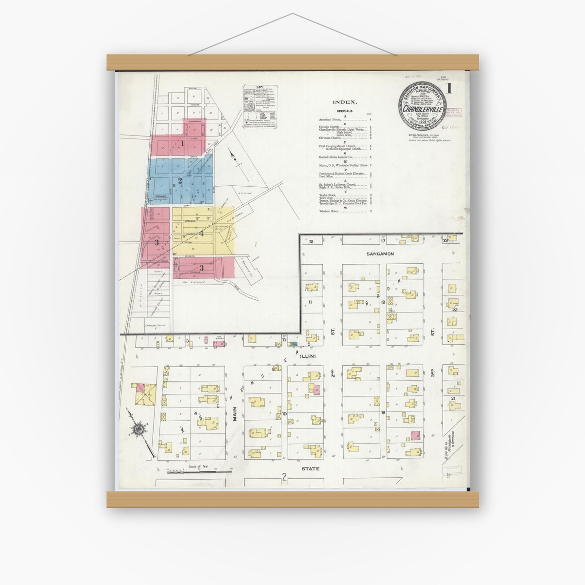 Old map wall art mockup — magnetic wood frame on white wall — Sanborn Fire Insurance Map from Chandlerville, Cass County, Illinois (1909), Sheet #0001