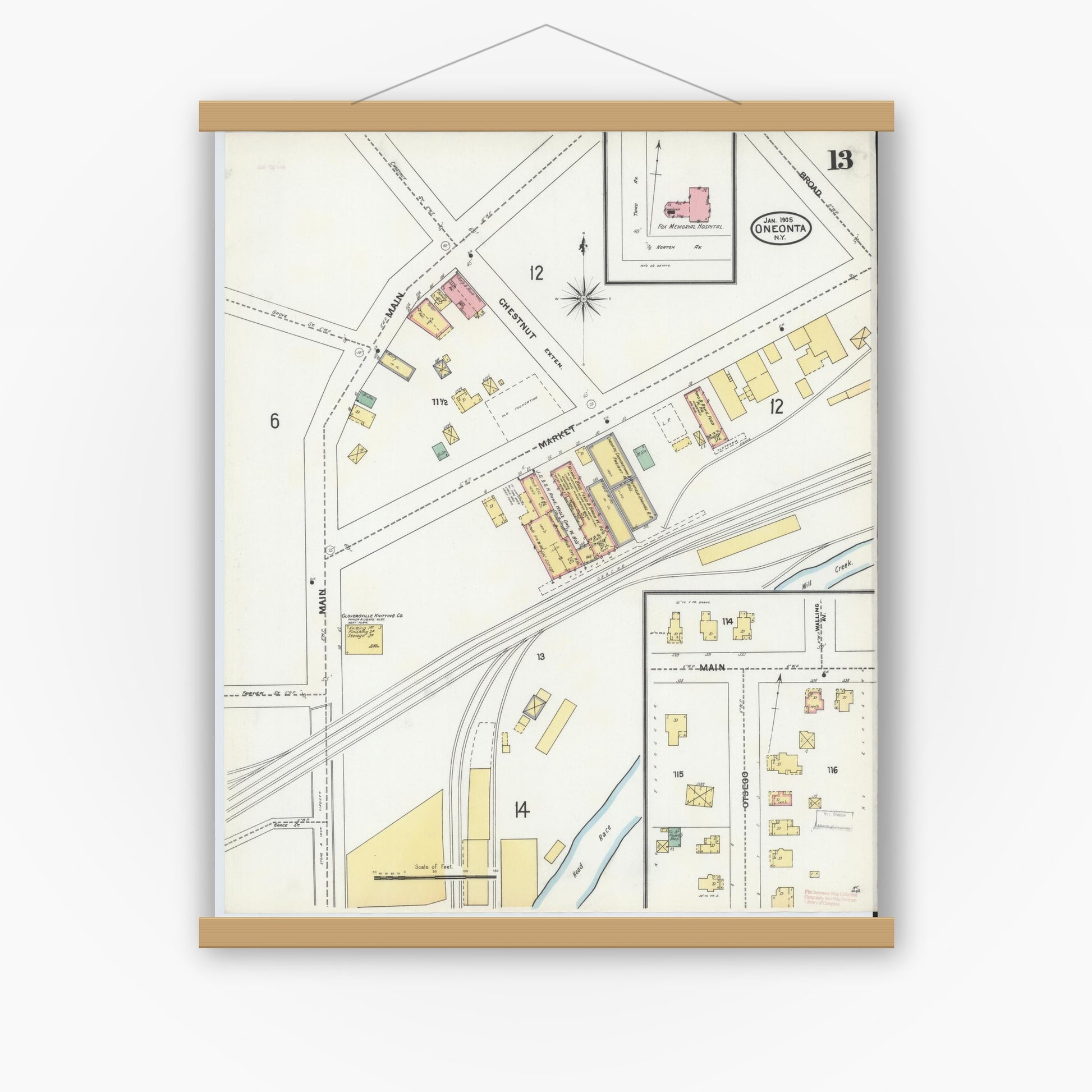 Old map wall art mockup — magnetic wood frame on white wall — Sanborn Fire Insurance Map from Oneonta, Otsego County, New York (1905), Sheet #0013