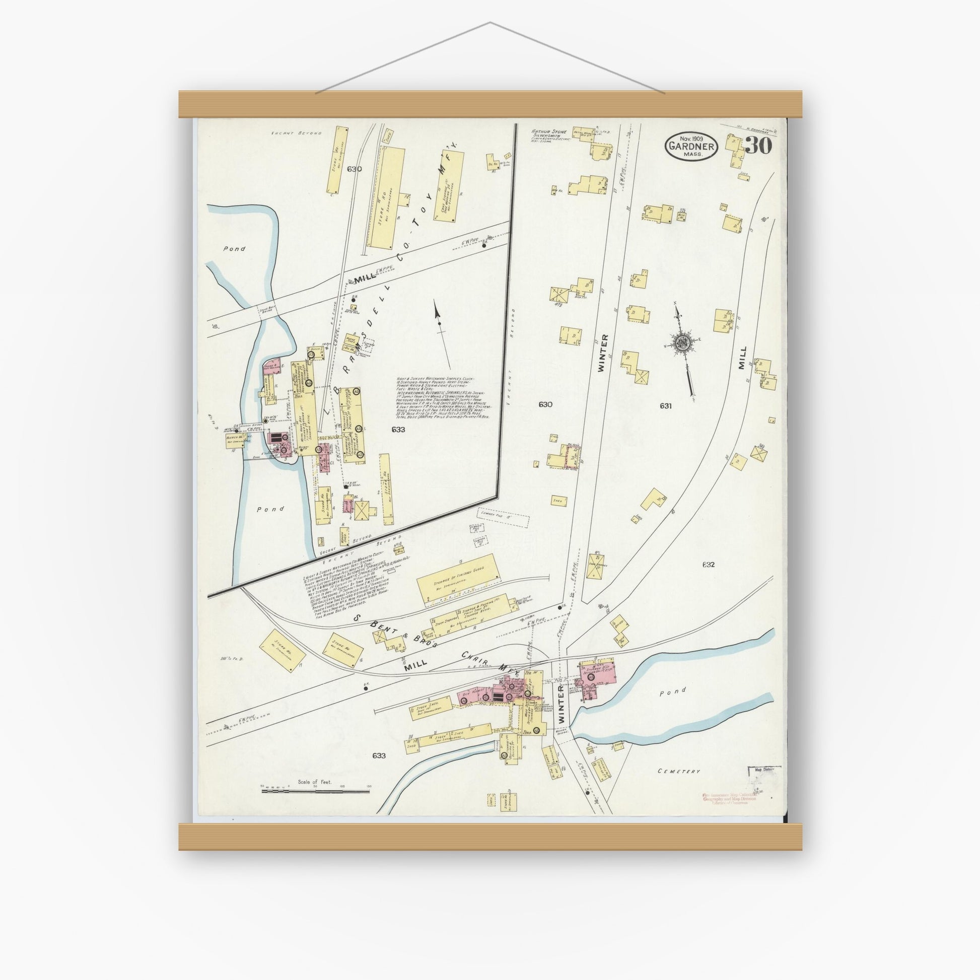 Old map wall art mockup — magnetic wood frame on white wall — Sanborn Fire Insurance Map from Gardner, Worcester County, Massachusetts (1909), Sheet #0030