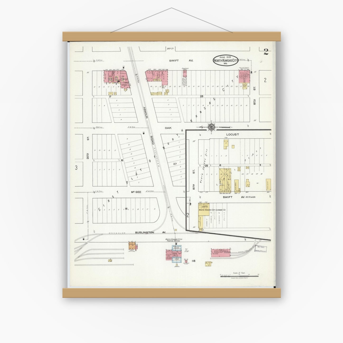 Old map wall art mockup — magnetic wood frame on white wall — Sanborn Fire Insurance Map from North Kansas City, Clay County, Missouri (1918), Sheet #0002