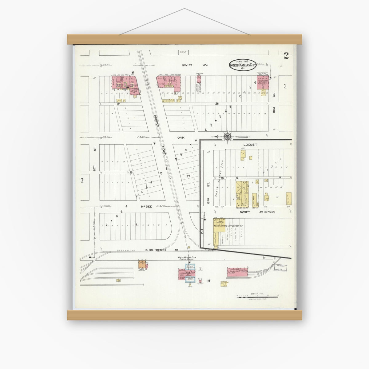 Old map wall art mockup — magnetic wood frame on white wall — Sanborn Fire Insurance Map from North Kansas City, Clay County, Missouri (1918), Sheet #0002