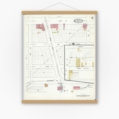 Old map wall art mockup — magnetic wood frame on white wall — Sanborn Fire Insurance Map from North Kansas City, Clay County, Missouri (1918), Sheet #0002