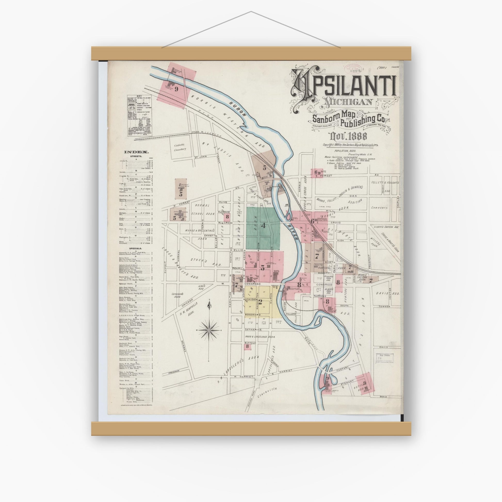 Old map wall art mockup — magnetic wood frame on white wall — Sanborn Fire Insurance Map from Ypsilanti, Washtenaw County, Michigan (1888) - Complete Map Set