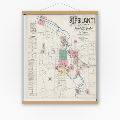 Old map wall art mockup — magnetic wood frame on white wall — Sanborn Fire Insurance Map from Ypsilanti, Washtenaw County, Michigan (1888) - Complete Map Set