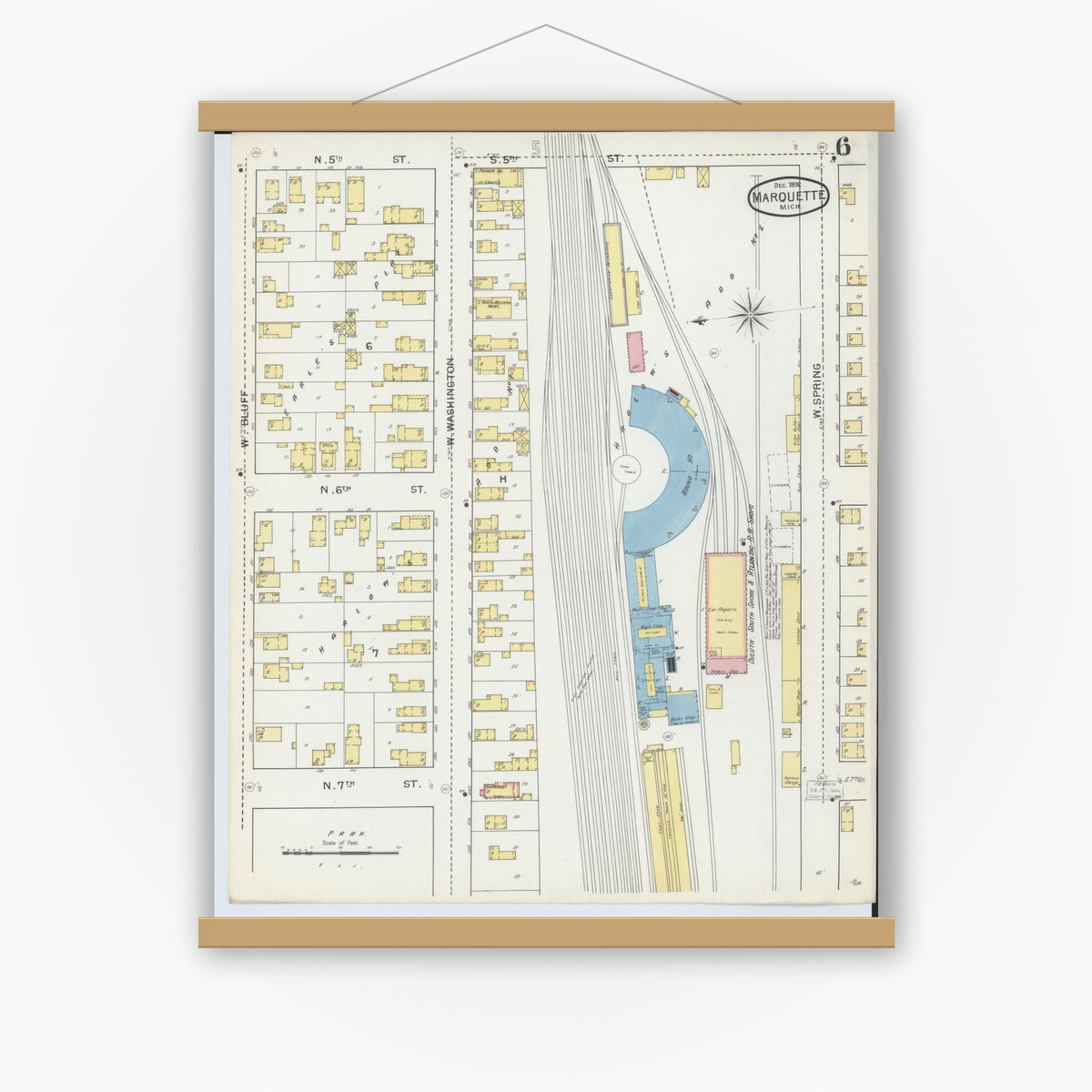 Old map wall art mockup — magnetic wood frame on white wall — Sanborn Fire Insurance Map from Marquette, Marquette County, Michigan (1892), Sheet #0006