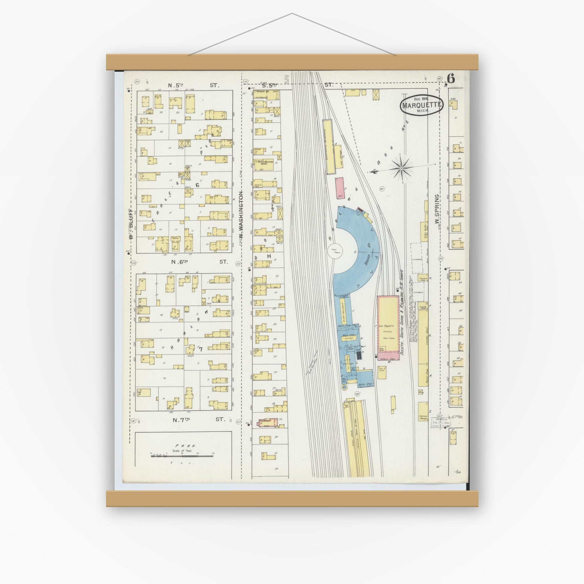 Old map wall art mockup — magnetic wood frame on white wall — Sanborn Fire Insurance Map from Marquette, Marquette County, Michigan (1892), Sheet #0006