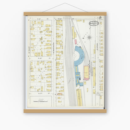 Old map wall art mockup — magnetic wood frame on white wall — Sanborn Fire Insurance Map from Marquette, Marquette County, Michigan (1892), Sheet #0006