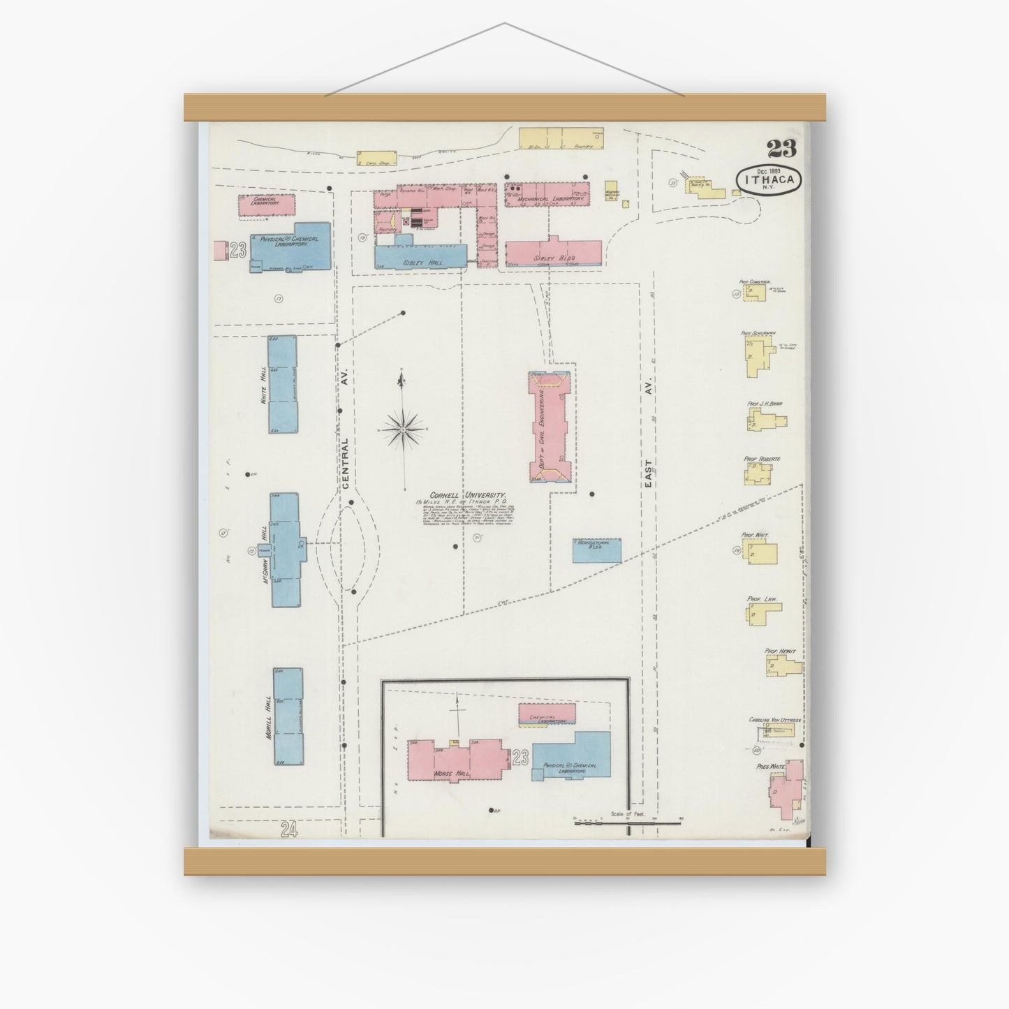 Old map wall art mockup — magnetic wood frame on white wall — Sanborn Fire Insurance Map from Ithaca, Tompkins County, New York (1893), Sheet #0023
