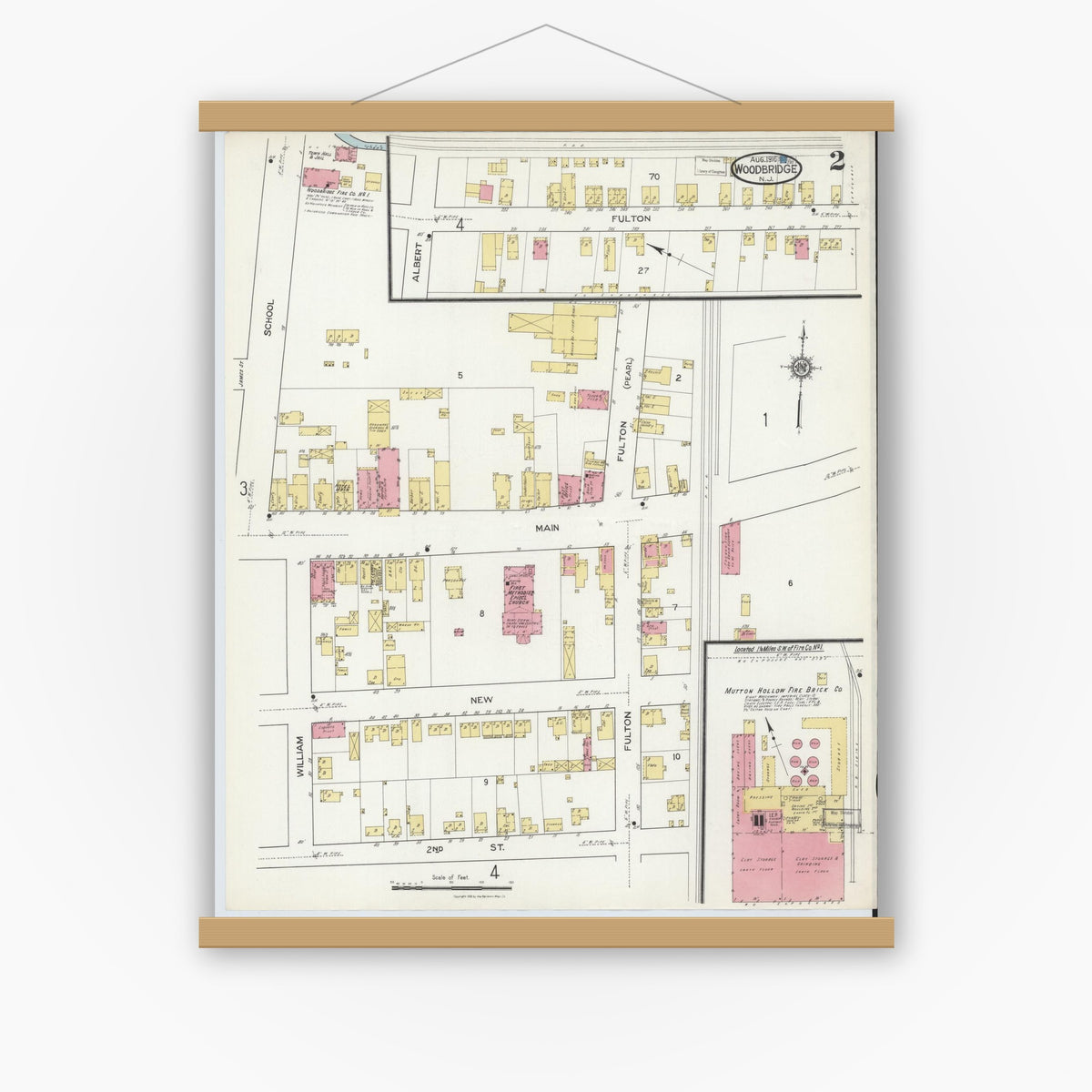 Old map wall art mockup — magnetic wood frame on white wall — Sanborn Fire Insurance Map from Woodbridge, Middlesex County, New Jersey (1916), Sheet #0002