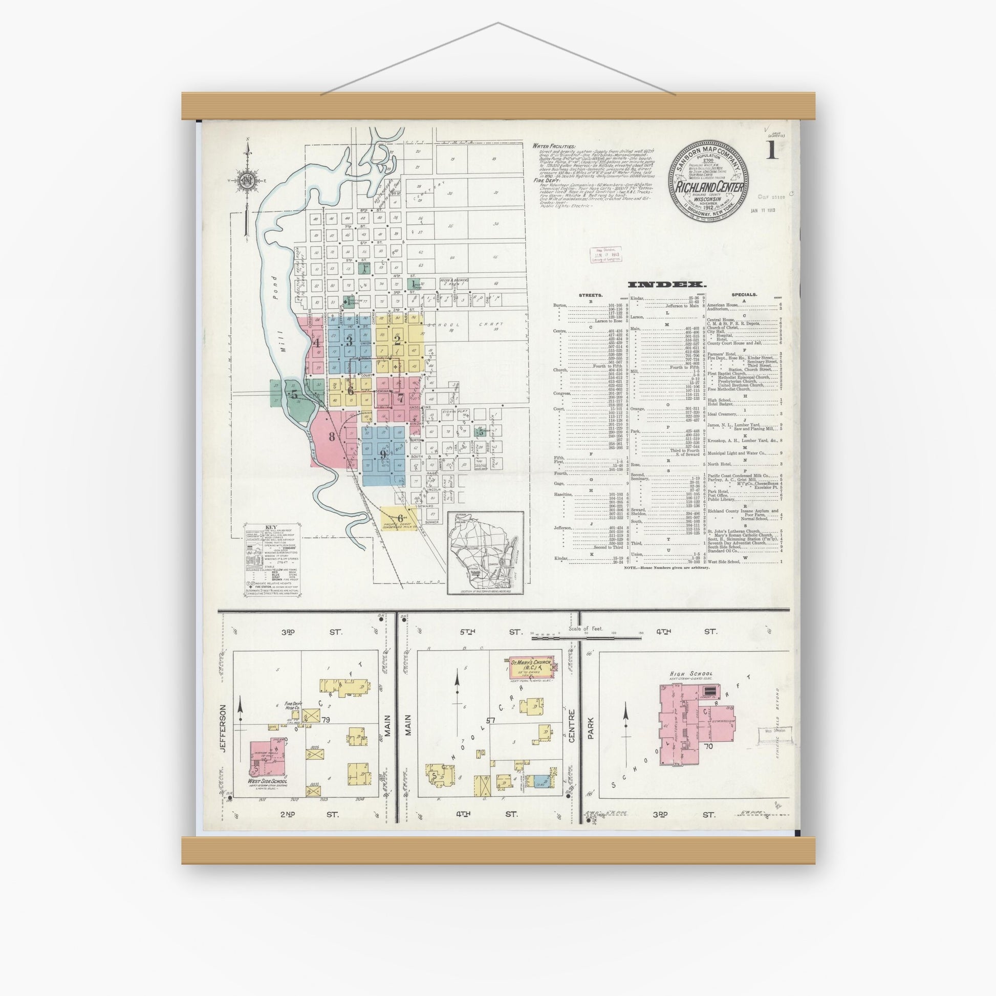 Old map wall art mockup — magnetic wood frame on white wall — Sanborn Fire Insurance Map from Richland Center, Richland County, Wisconsin (1912), Sheet #0001