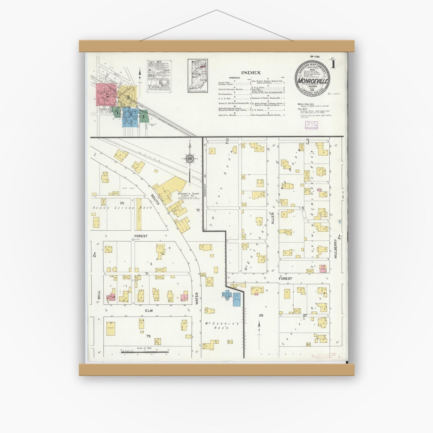 Old map wall art mockup — magnetic wood frame on white wall — Sanborn Fire Insurance Map from Monroeville, Allen County, Indiana (1916) - Complete Map Set