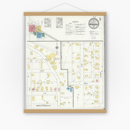 Old map wall art mockup — magnetic wood frame on white wall — Sanborn Fire Insurance Map from Monroeville, Allen County, Indiana (1916) - Complete Map Set