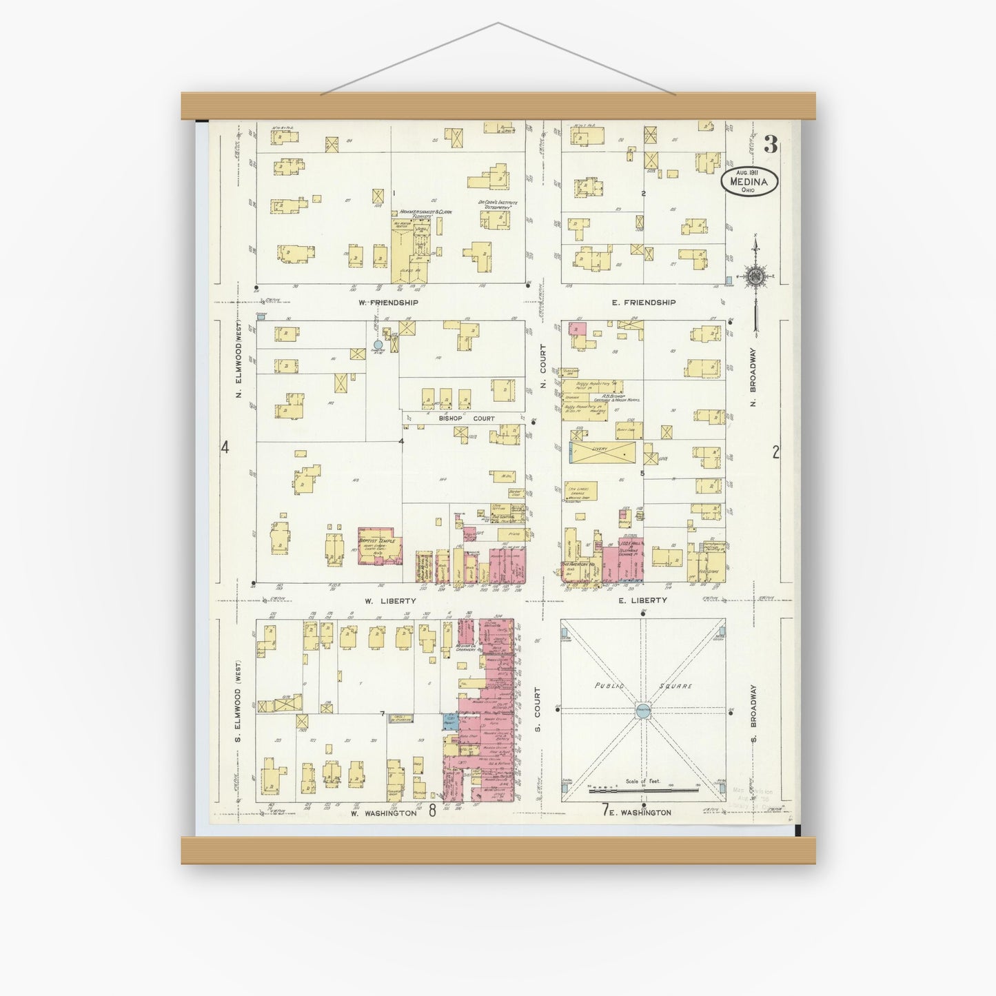 Old map wall art mockup — magnetic wood frame on white wall — Sanborn Fire Insurance Map from Medina, Medina County, Ohio (1911), Sheet #0003