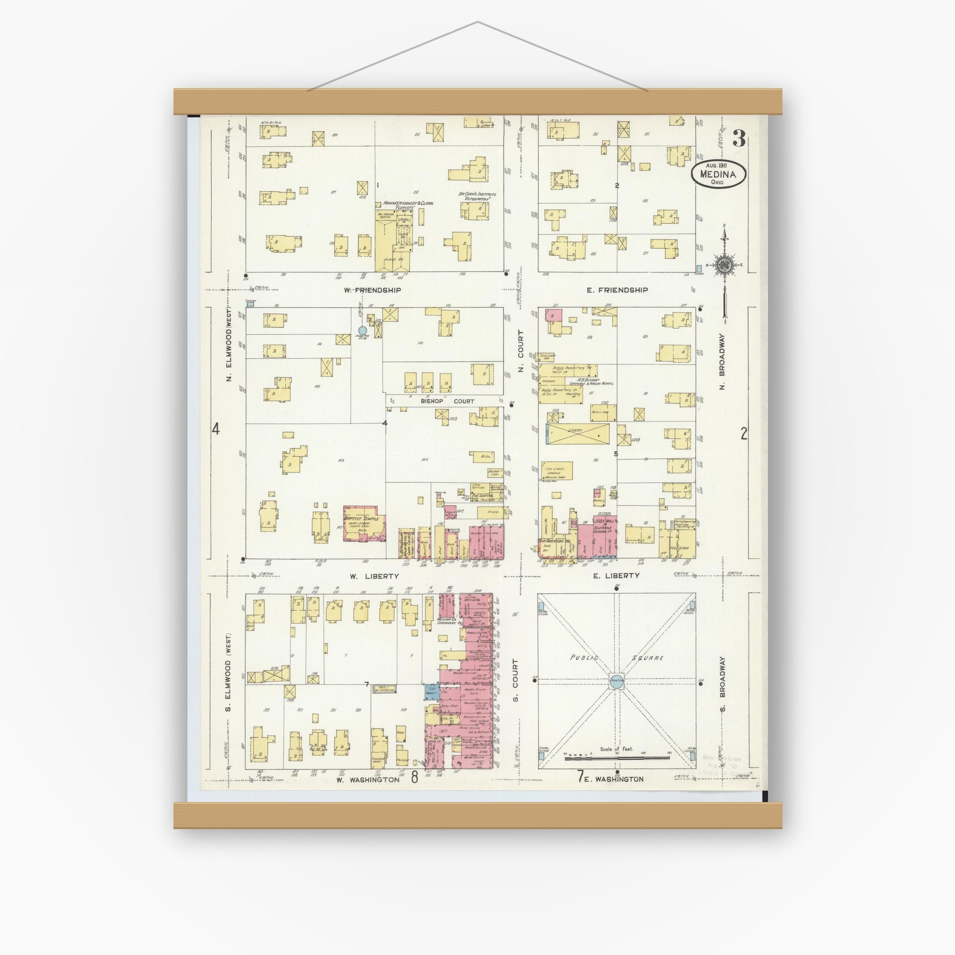 Old map wall art mockup — magnetic wood frame on white wall — Sanborn Fire Insurance Map from Medina, Medina County, Ohio (1911), Sheet #0003
