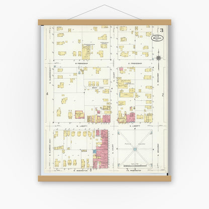 Old map wall art mockup — magnetic wood frame on white wall — Sanborn Fire Insurance Map from Medina, Medina County, Ohio (1911), Sheet #0003