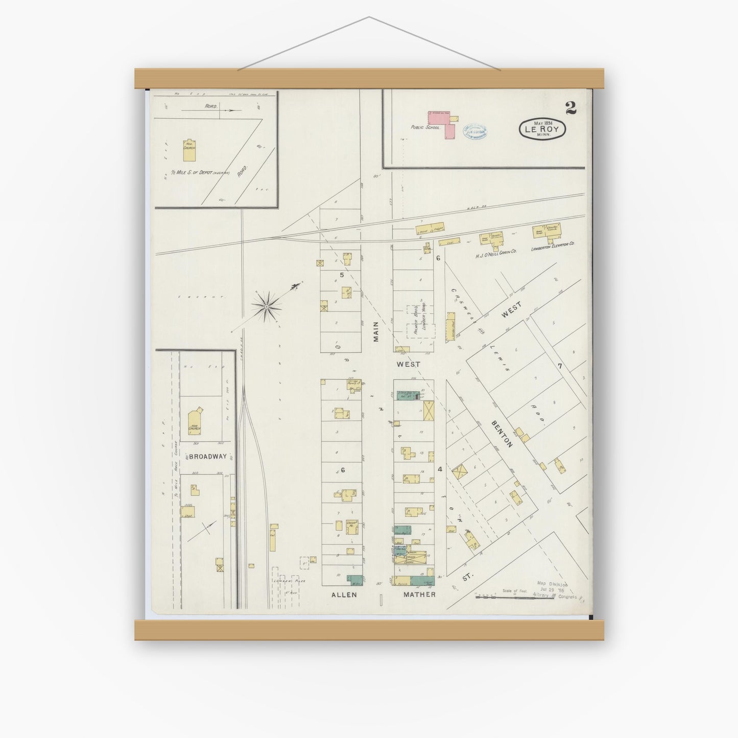 Old map wall art mockup — magnetic wood frame on white wall — Sanborn Fire Insurance Map from Le Roy, Mower County, Minnesota (1894), Sheet #0002