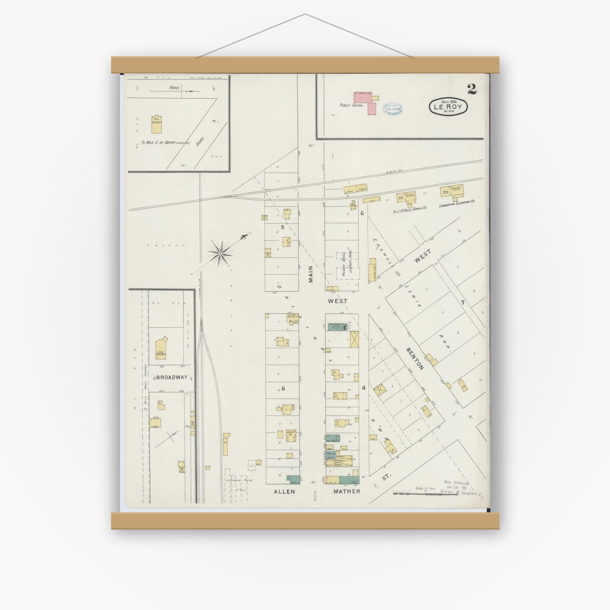 Old map wall art mockup — magnetic wood frame on white wall — Sanborn Fire Insurance Map from Le Roy, Mower County, Minnesota (1894), Sheet #0002