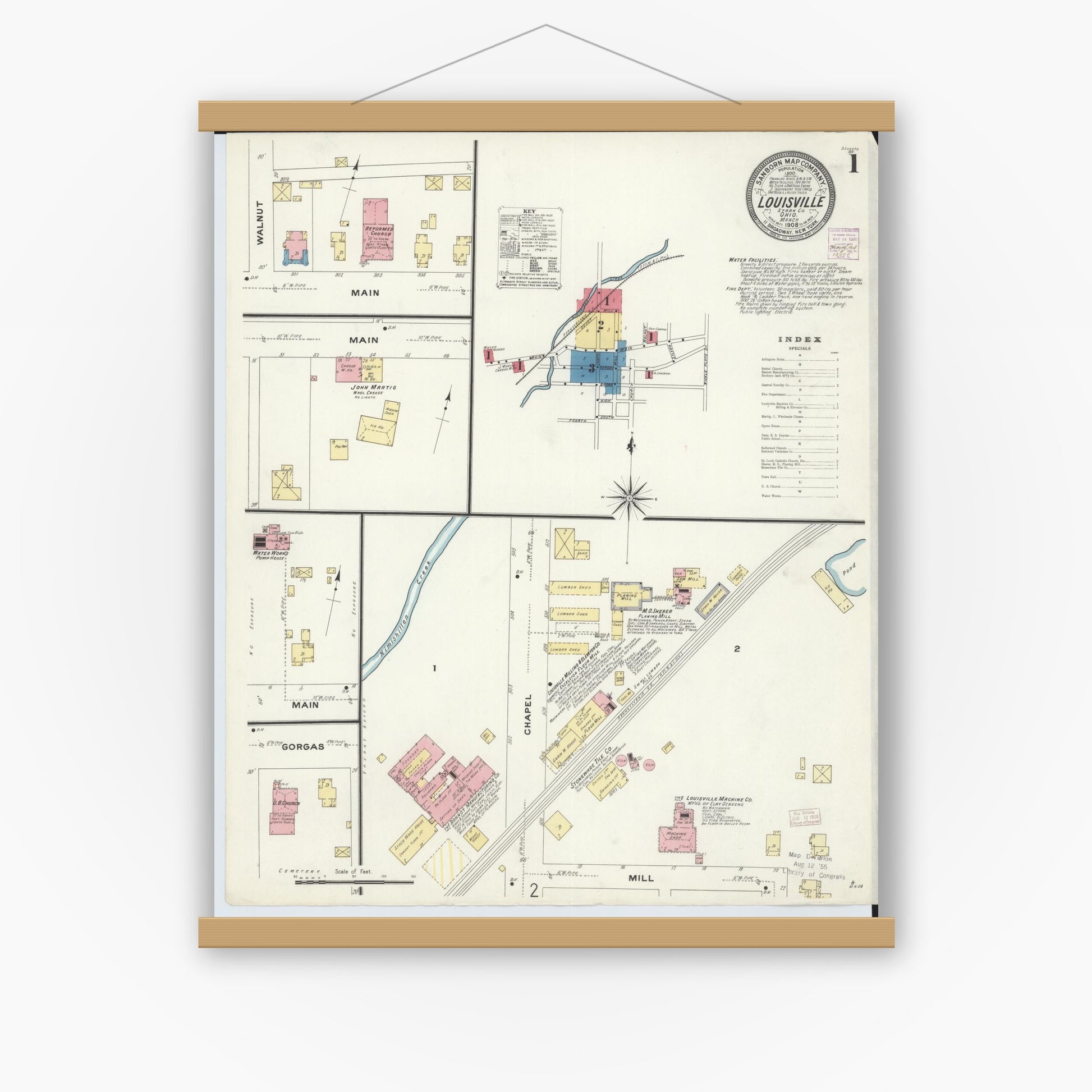 Old map wall art mockup — magnetic wood frame on white wall — Sanborn Fire Insurance Map from Louisville, Stark County, Ohio (1908), Sheet #0001