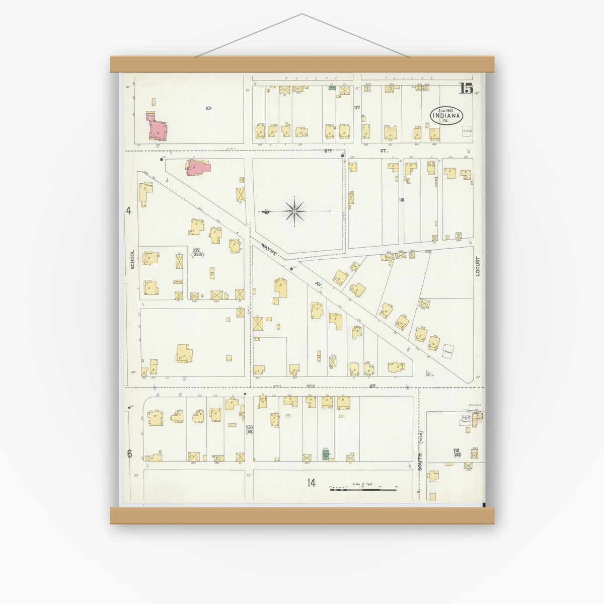 Old map wall art mockup — magnetic wood frame on white wall — Sanborn Fire Insurance Map from Indiana, Indiana County, Pennsylvania (1903), Sheet #0015
