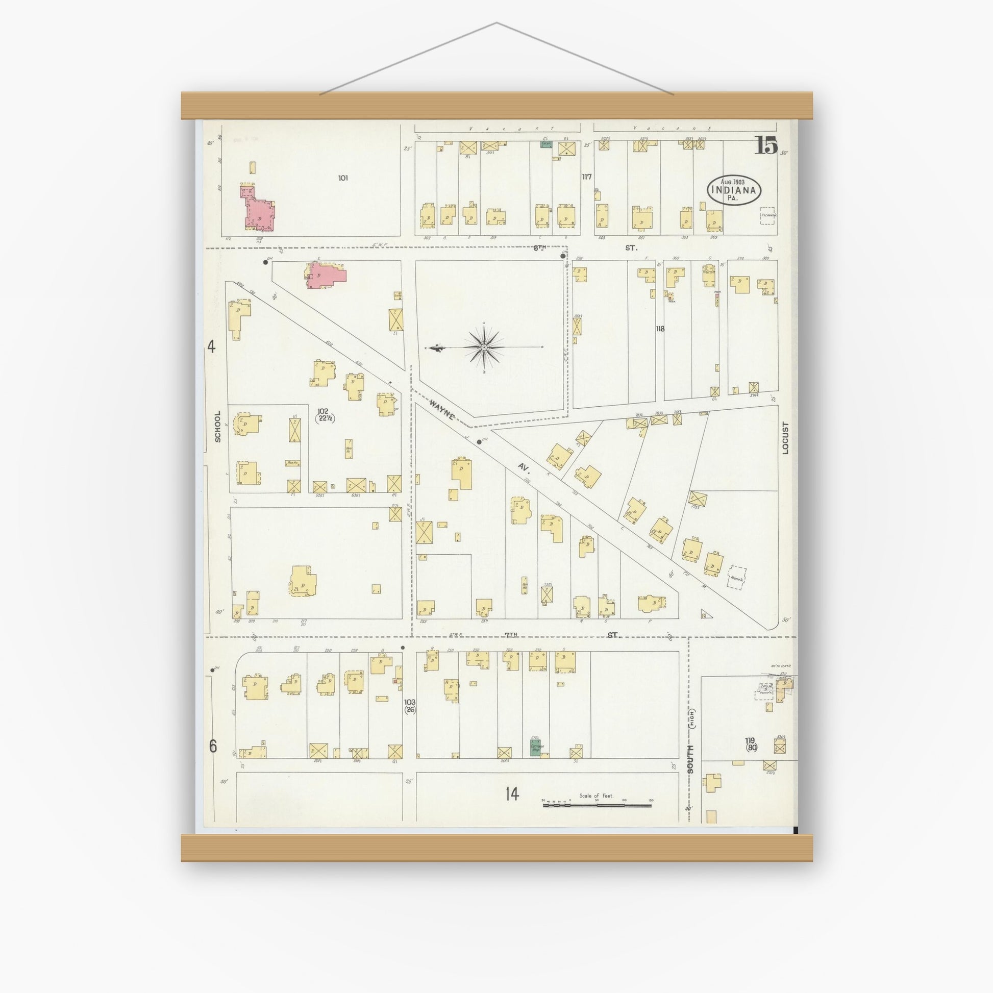 Old map wall art mockup — magnetic wood frame on white wall — Sanborn Fire Insurance Map from Indiana, Indiana County, Pennsylvania (1903), Sheet #0015
