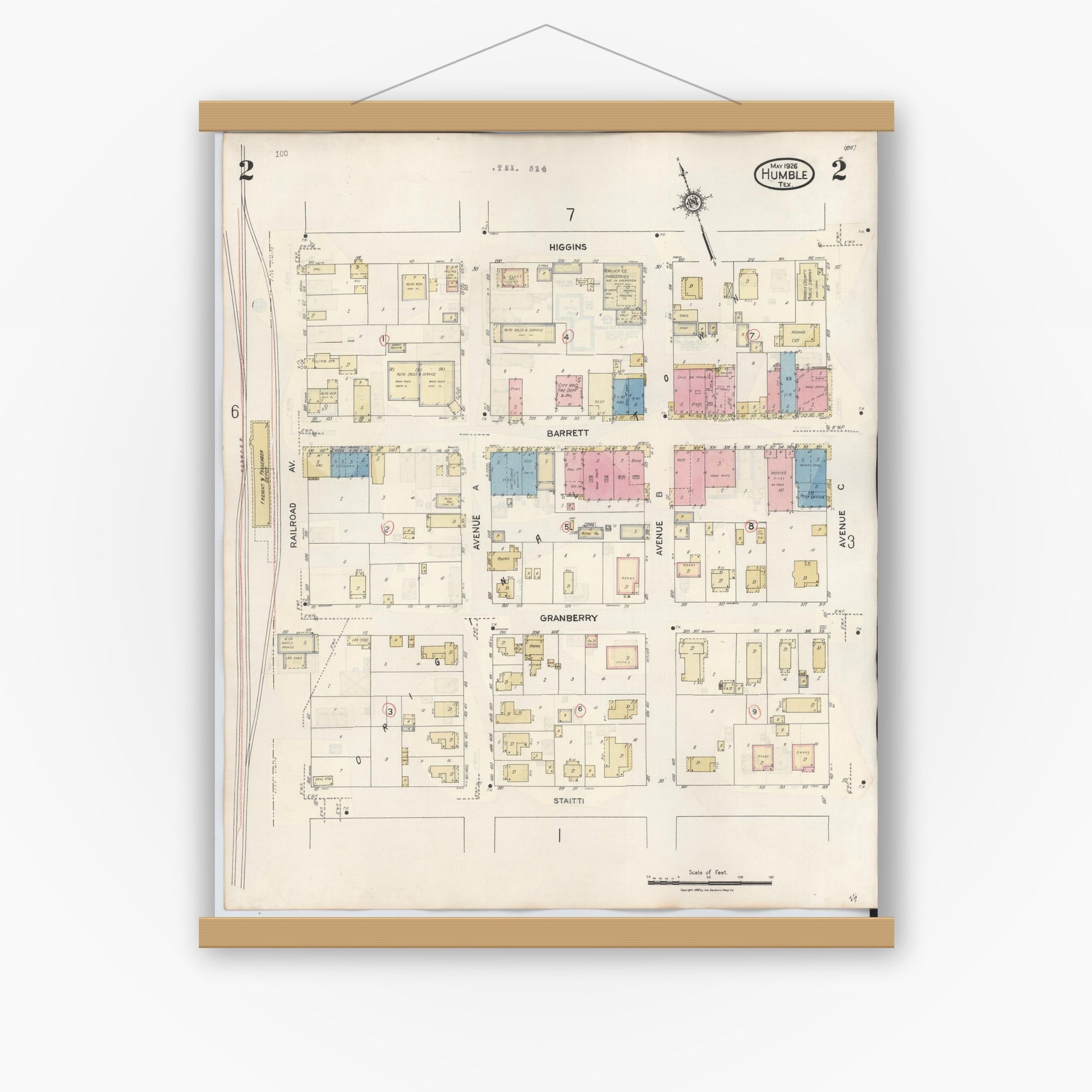 Old map wall art mockup — magnetic wood frame on white wall — Sanborn Fire Insurance Map from Humble, Harris County, Texas (1940), Sheet #0002