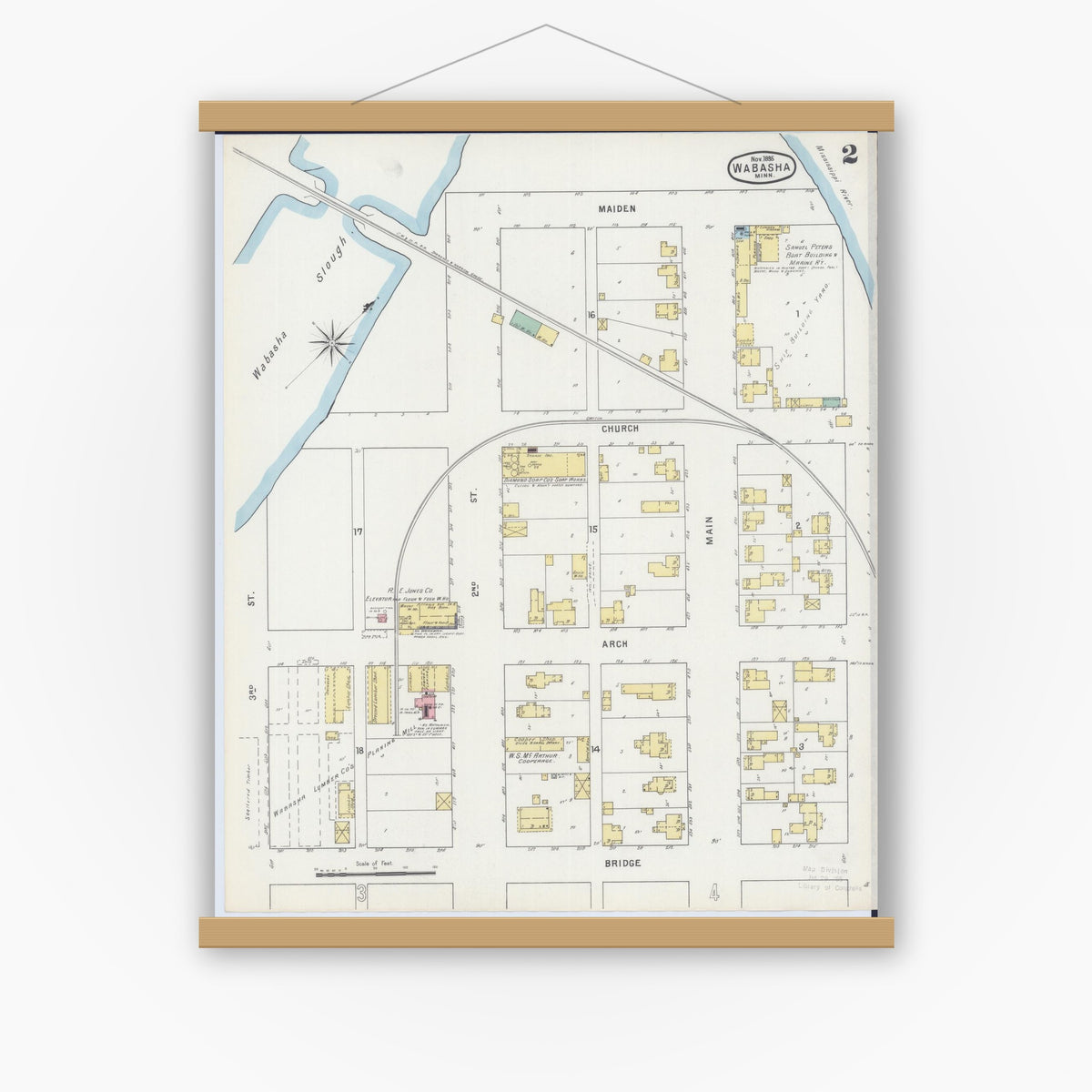 Old map wall art mockup — magnetic wood frame on white wall — Sanborn Fire Insurance Map from Wabasha, Wabasha County, Minnesota (1895), Sheet #0002