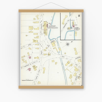 Old map wall art mockup — magnetic wood frame on white wall — Sanborn Fire Insurance Map from Shirley, Middlesex County, Massachusetts (1908), Sheet #0002