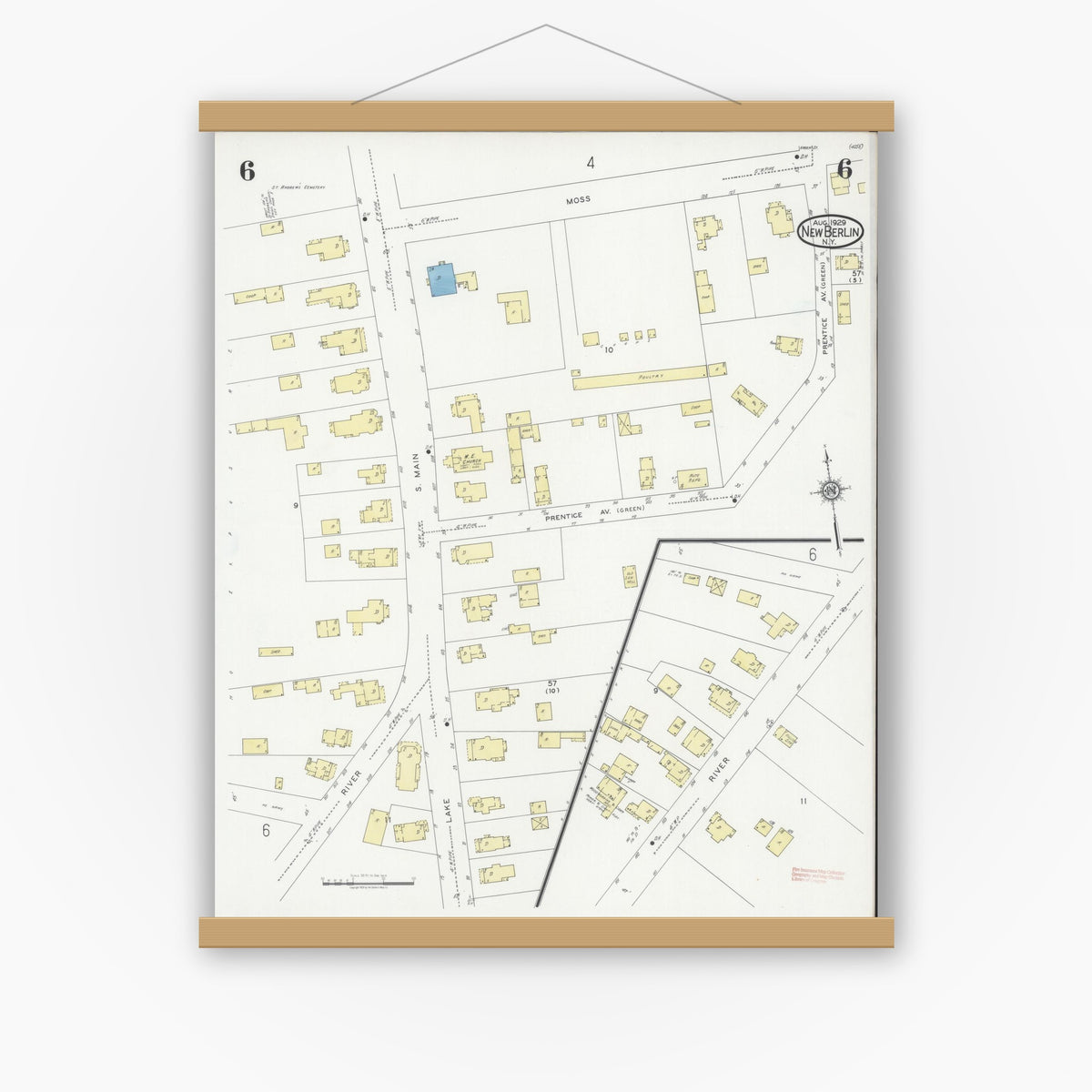 Old map wall art mockup — magnetic wood frame on white wall — Sanborn Fire Insurance Map from New Berlin, Chenango County, New York (1929), Sheet #0006