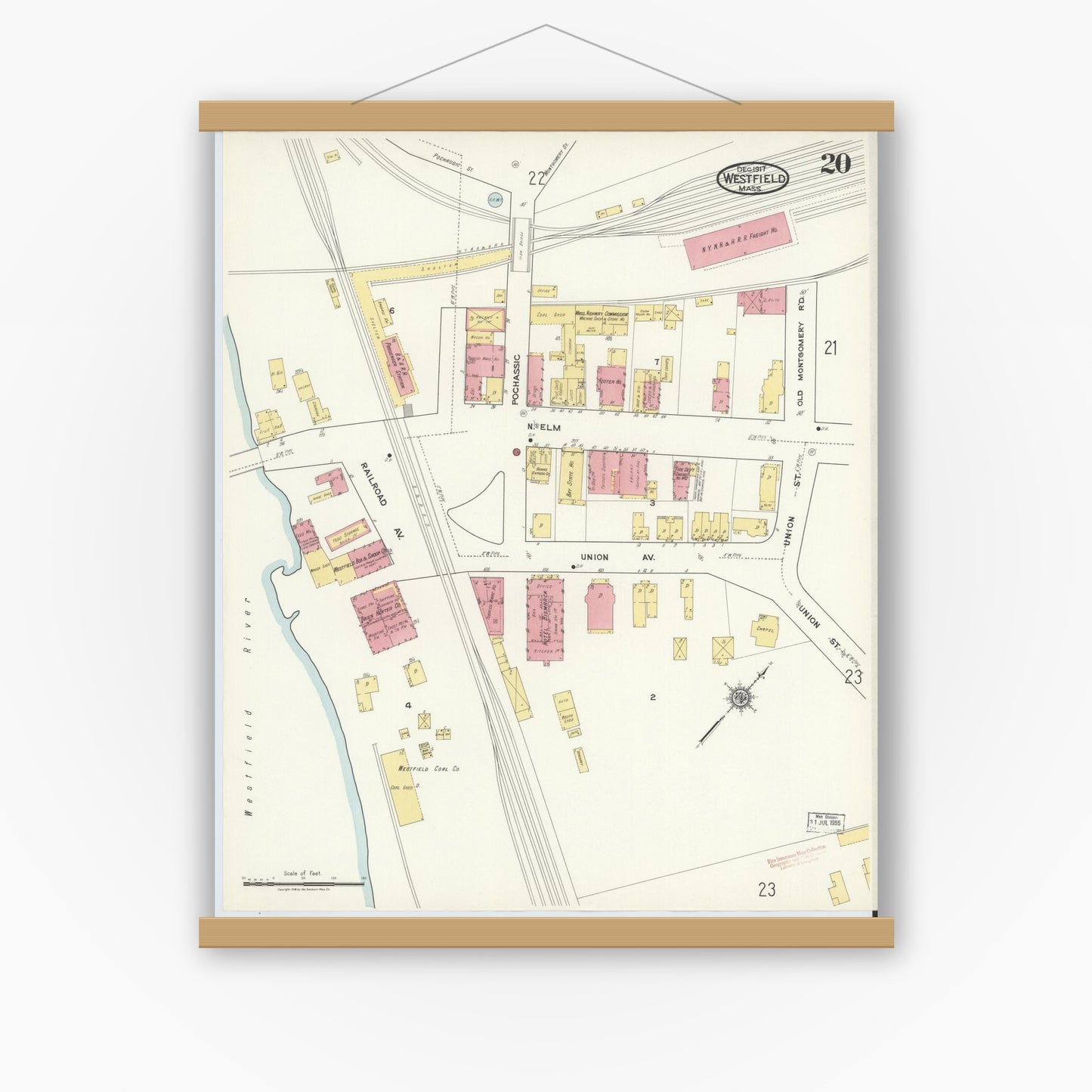 Old map wall art mockup — magnetic wood frame on white wall — Sanborn Fire Insurance Map from Westfield, Hampden County, Massachusetts (1917), Sheet #0020