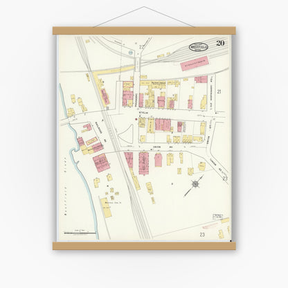Old map wall art mockup — magnetic wood frame on white wall — Sanborn Fire Insurance Map from Westfield, Hampden County, Massachusetts (1917), Sheet #0020