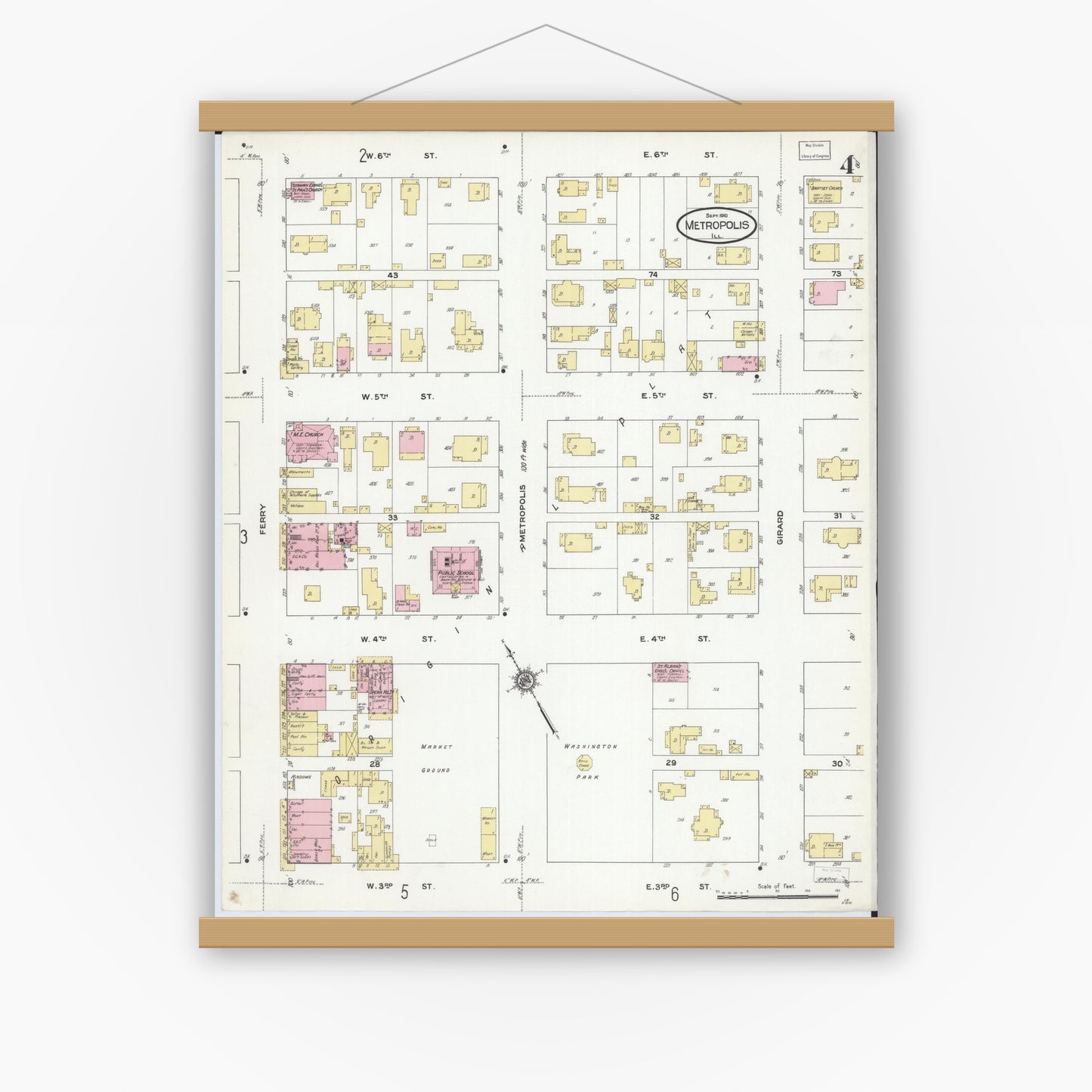 Old map wall art mockup — magnetic wood frame on white wall — Sanborn Fire Insurance Map from Metropolis, Massac County, Illinois (1910), Sheet #0004