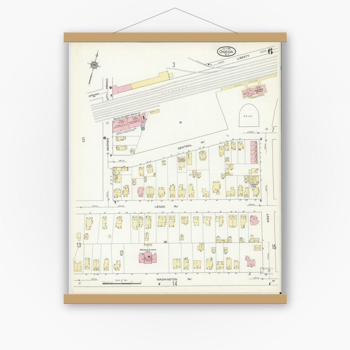 Old map wall art mockup — magnetic wood frame on white wall — Sanborn Fire Insurance Map from Oneida, Madison County, New York (1914), Sheet #0006
