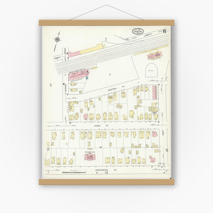 Old map wall art mockup — magnetic wood frame on white wall — Sanborn Fire Insurance Map from Oneida, Madison County, New York (1914), Sheet #0006