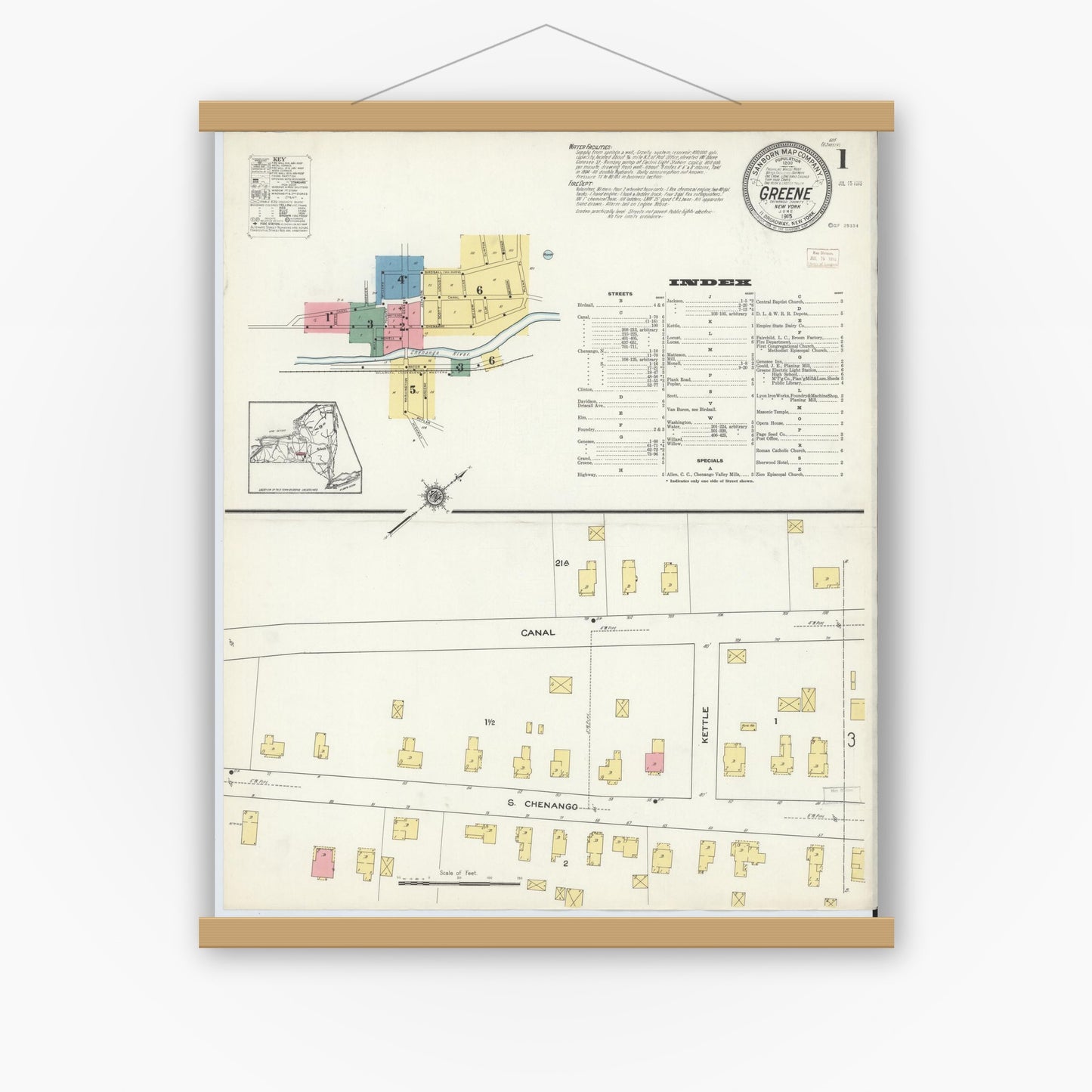 Old map wall art mockup — magnetic wood frame on white wall — Sanborn Fire Insurance Map from Greene, Chenango County, New York (1915), Sheet #0001