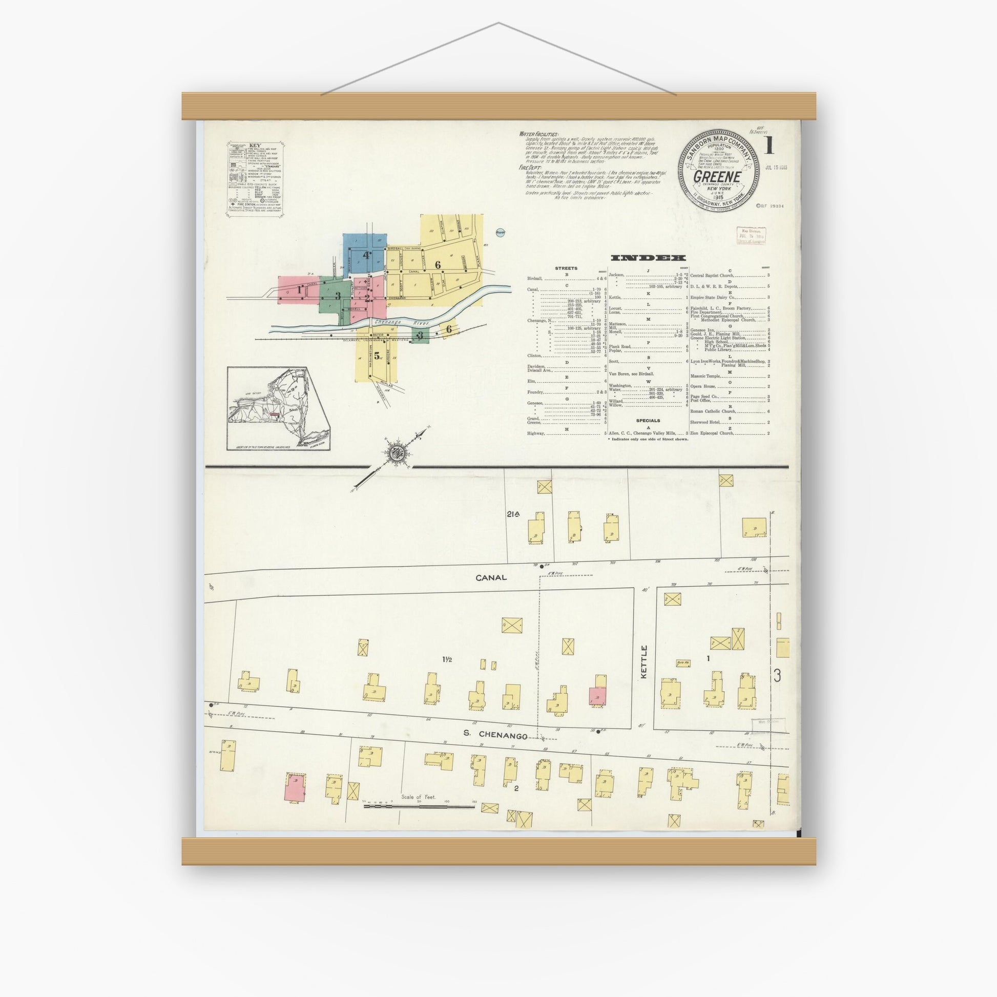 Old map wall art mockup — magnetic wood frame on white wall — Sanborn Fire Insurance Map from Greene, Chenango County, New York (1915), Sheet #0001