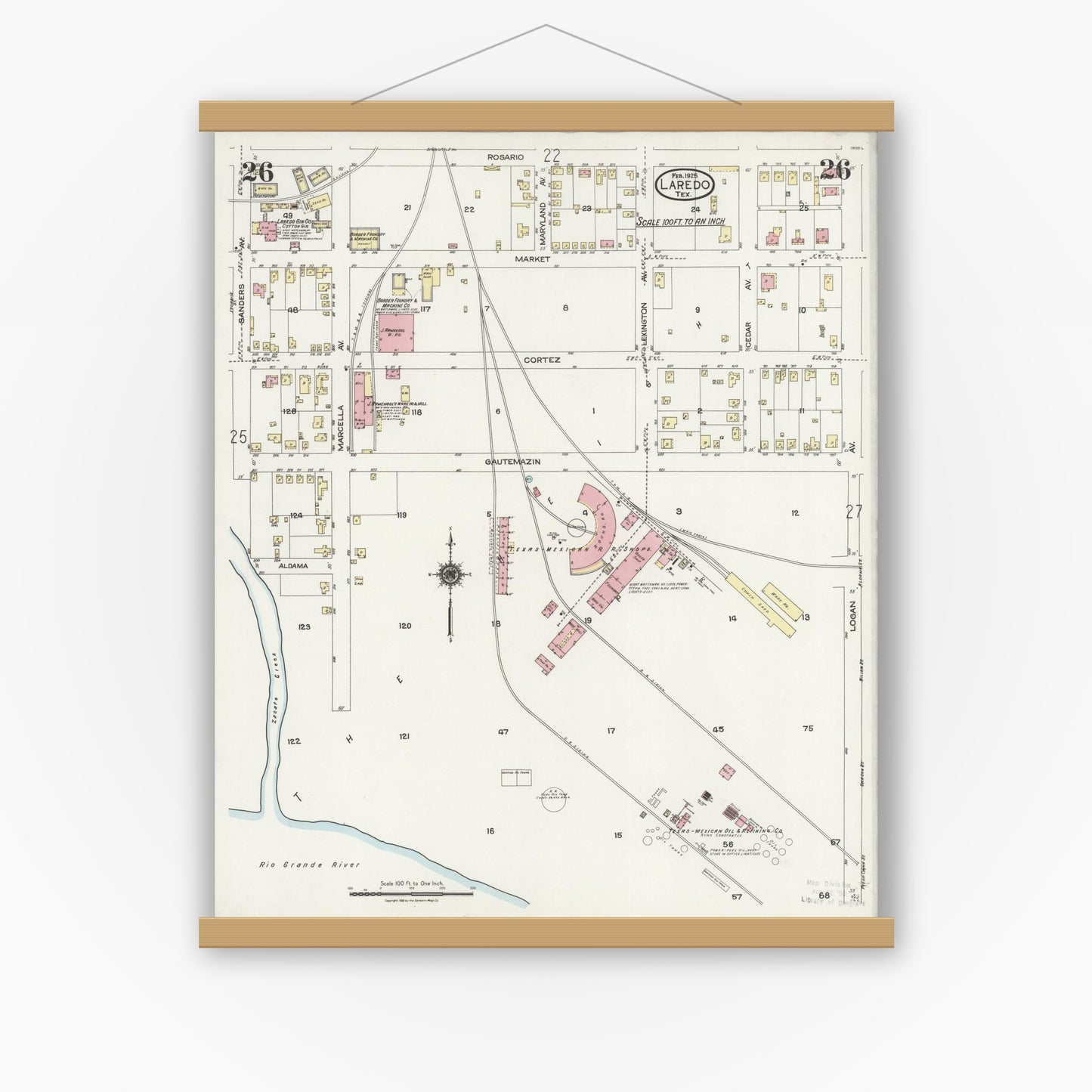 Old map wall art mockup — magnetic wood frame on white wall — Sanborn Fire Insurance Map from Laredo, Webb County, Texas (1925), Sheet #0026