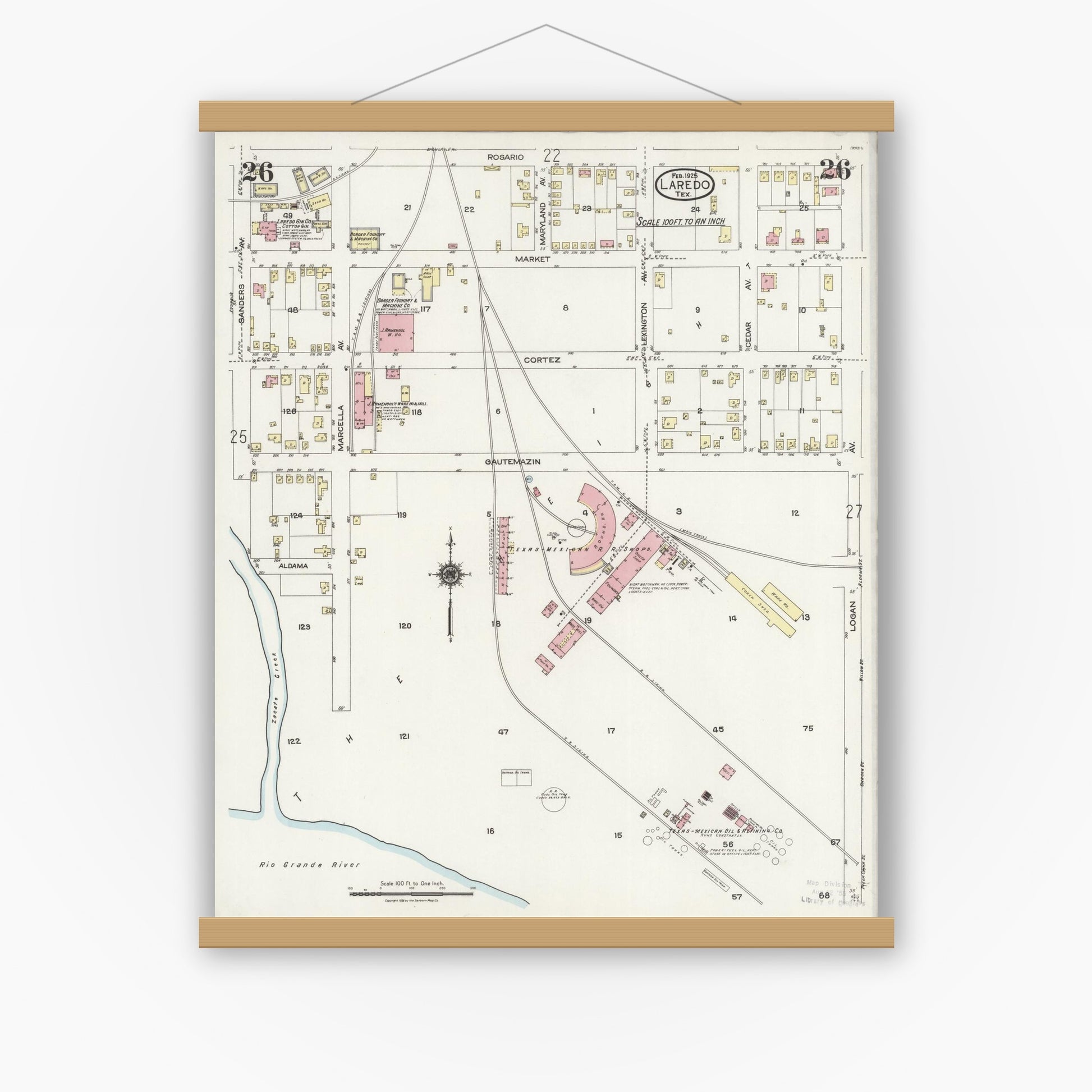Old map wall art mockup — magnetic wood frame on white wall — Sanborn Fire Insurance Map from Laredo, Webb County, Texas (1925), Sheet #0026