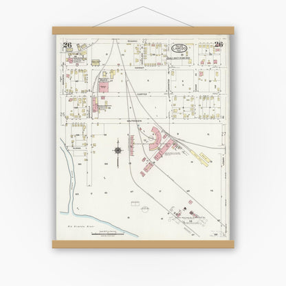 Old map wall art mockup — magnetic wood frame on white wall — Sanborn Fire Insurance Map from Laredo, Webb County, Texas (1925), Sheet #0026