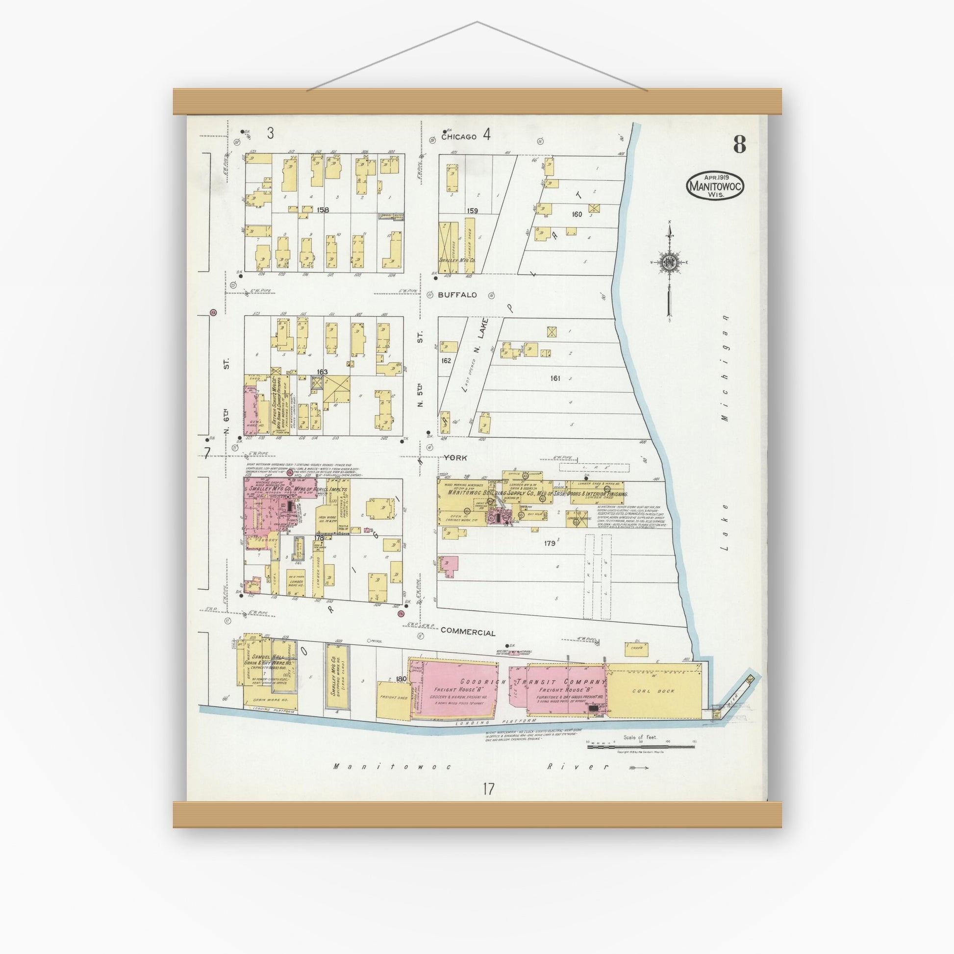 Old map wall art mockup — magnetic wood frame on white wall — Sanborn Fire Insurance Map from Manitowoc, Manitowoc County, Wisconsin (1919), Sheet #0008