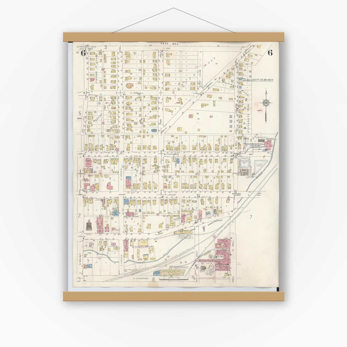Old map wall art mockup — magnetic wood frame on white wall — Sanborn Fire Insurance Map from Wilmington, Clinton County, Ohio (1949), Sheet #0006