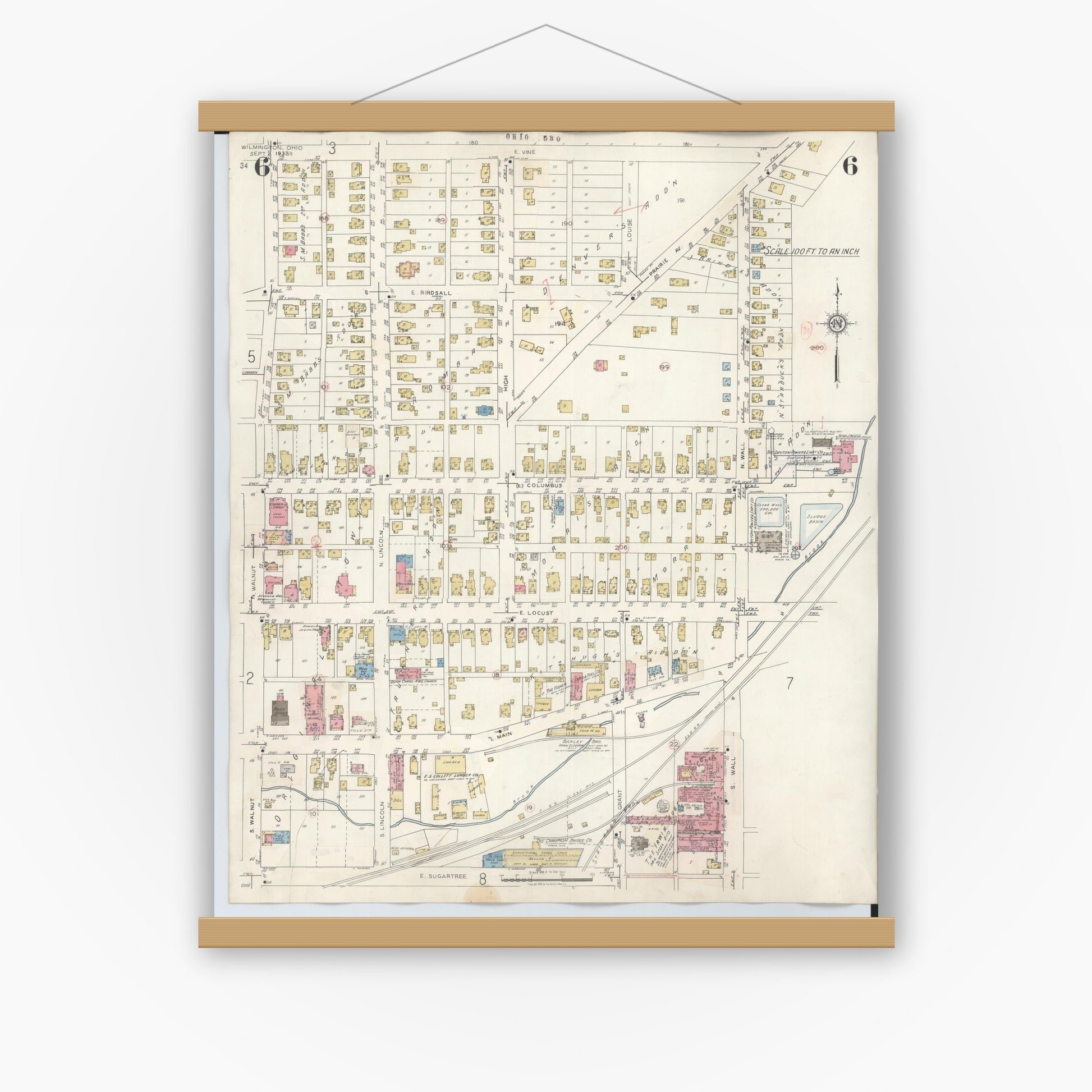 Old map wall art mockup — magnetic wood frame on white wall — Sanborn Fire Insurance Map from Wilmington, Clinton County, Ohio (1949), Sheet #0006