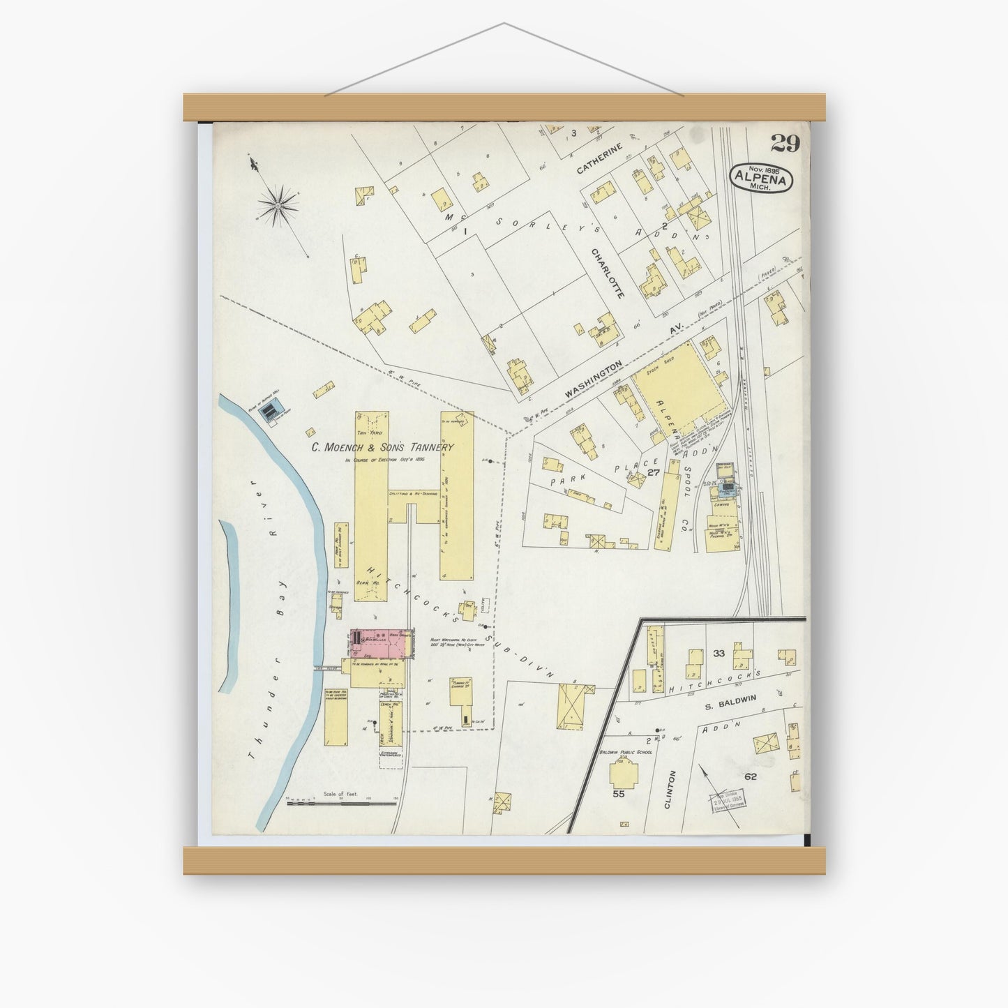 Old map wall art mockup — magnetic wood frame on white wall — Sanborn Fire Insurance Map from Alpena, Alpena County, Michigan (1895), Sheet #0029