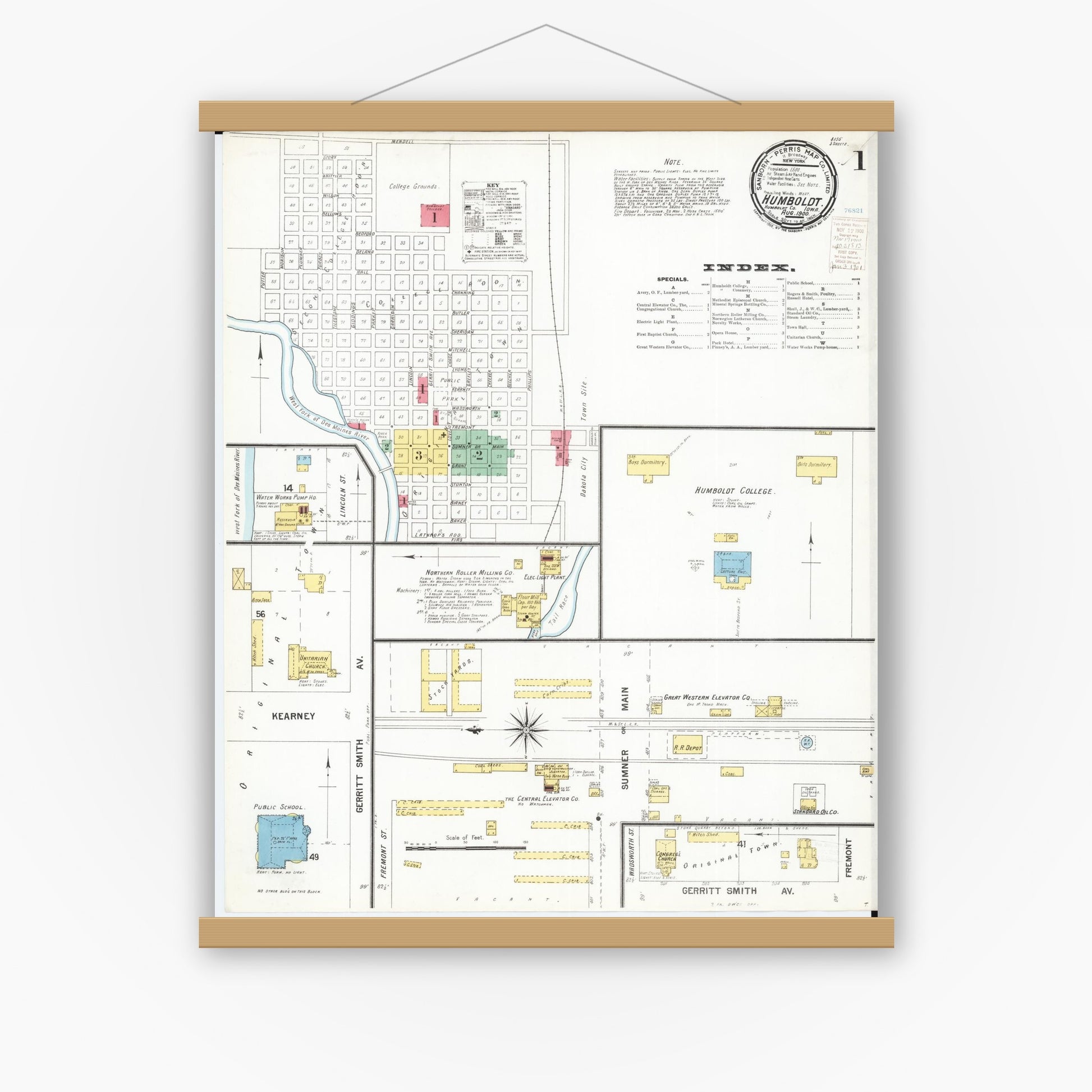 Old map wall art mockup — magnetic wood frame on white wall — Sanborn Fire Insurance Map from Humboldt, Humboldt County, Iowa (1900) â€” Complete Set